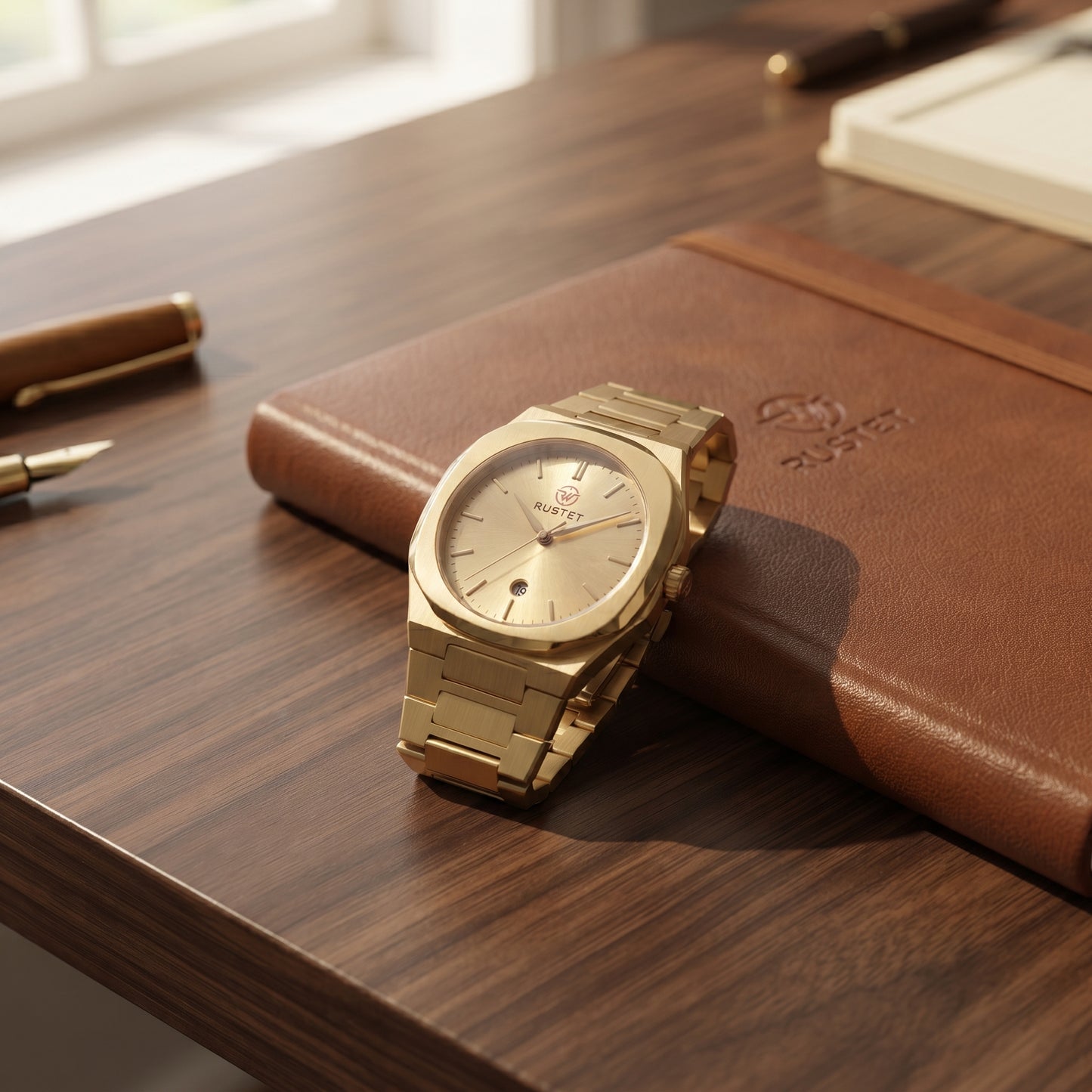 RUSTET Men's Ultra-Thin Sunburst Watch – Full Gold, Heavy Steel, Waterproof & Date