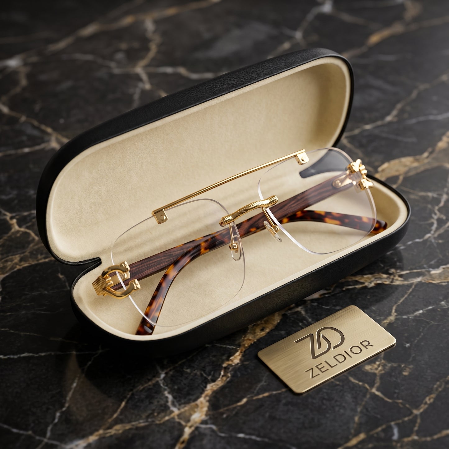 ZELDIOR Rimless Photochromic Aviator Sunglasses – Tortoise Jaguar Edition