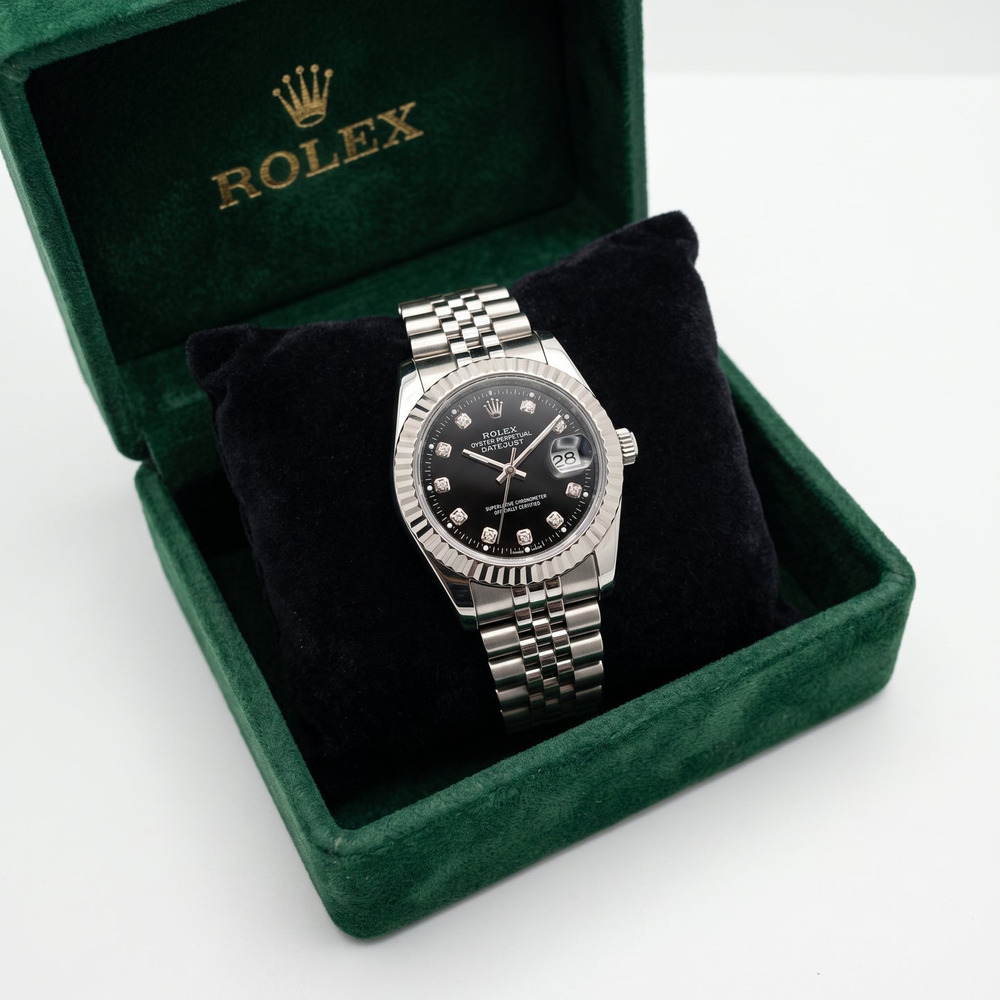 Rolex Men's Datejust Watch – Black Dial, Fluted Bezel & Jubilee Bracelet
