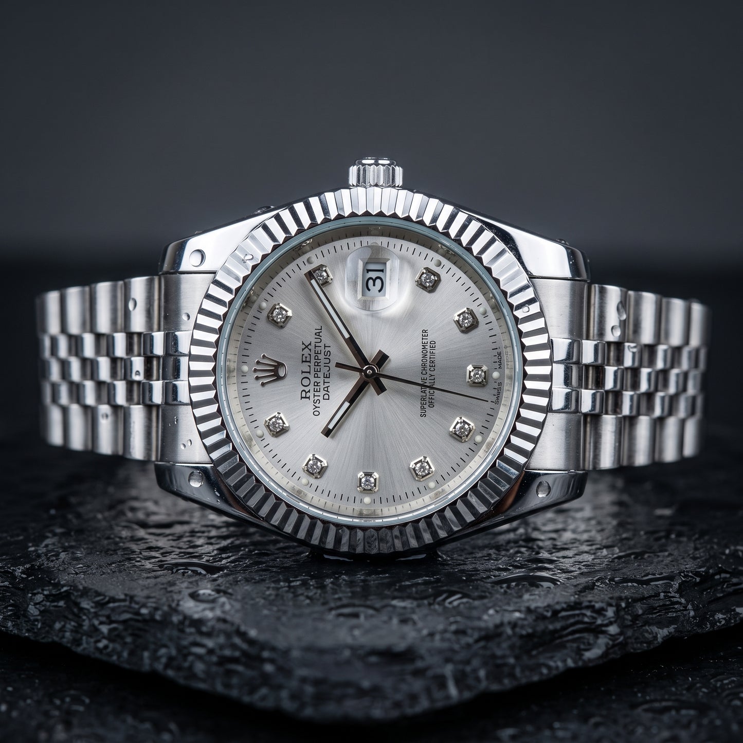Rolex Men's Silver Datejust Watch – Fluted Bezel, Jubilee Bracelet & Diamond Markers