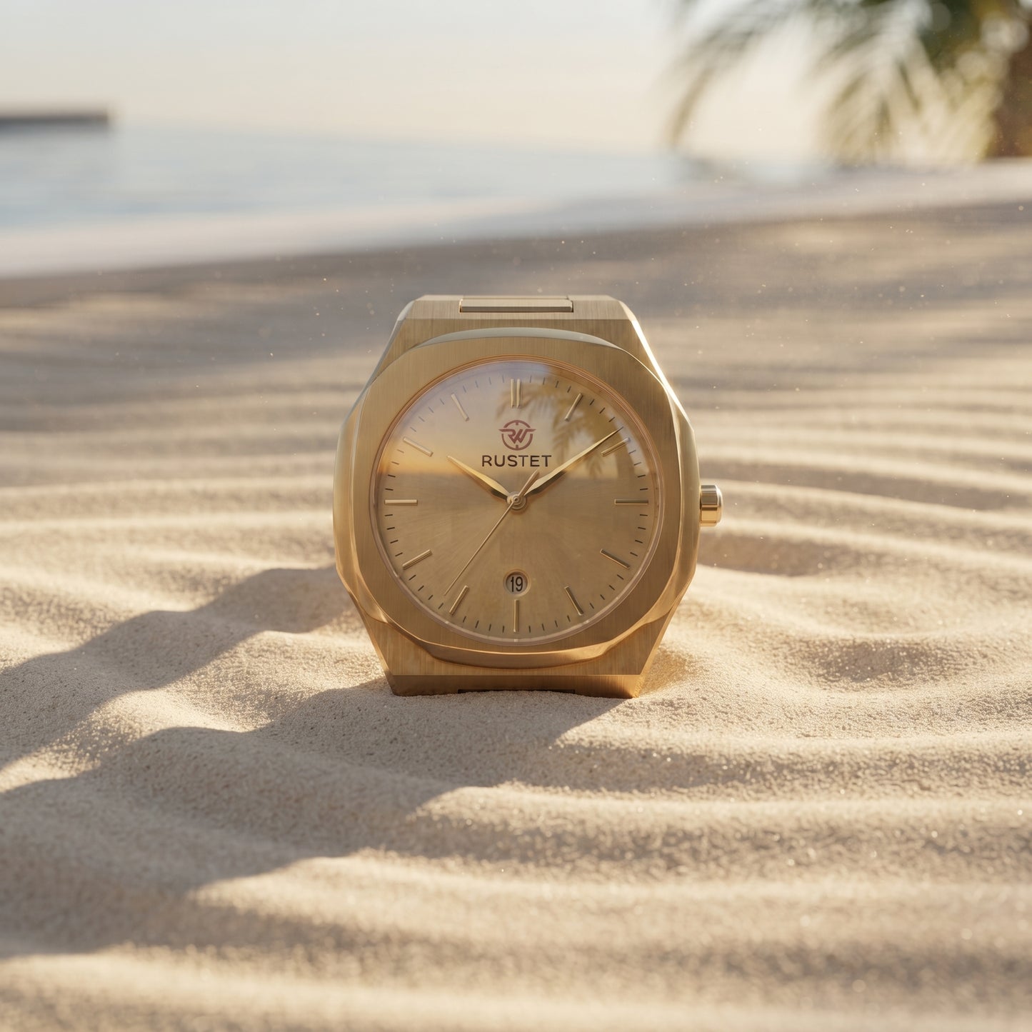 RUSTET Men's Ultra-Thin Sunburst Watch – Full Gold, Heavy Steel, Waterproof & Date