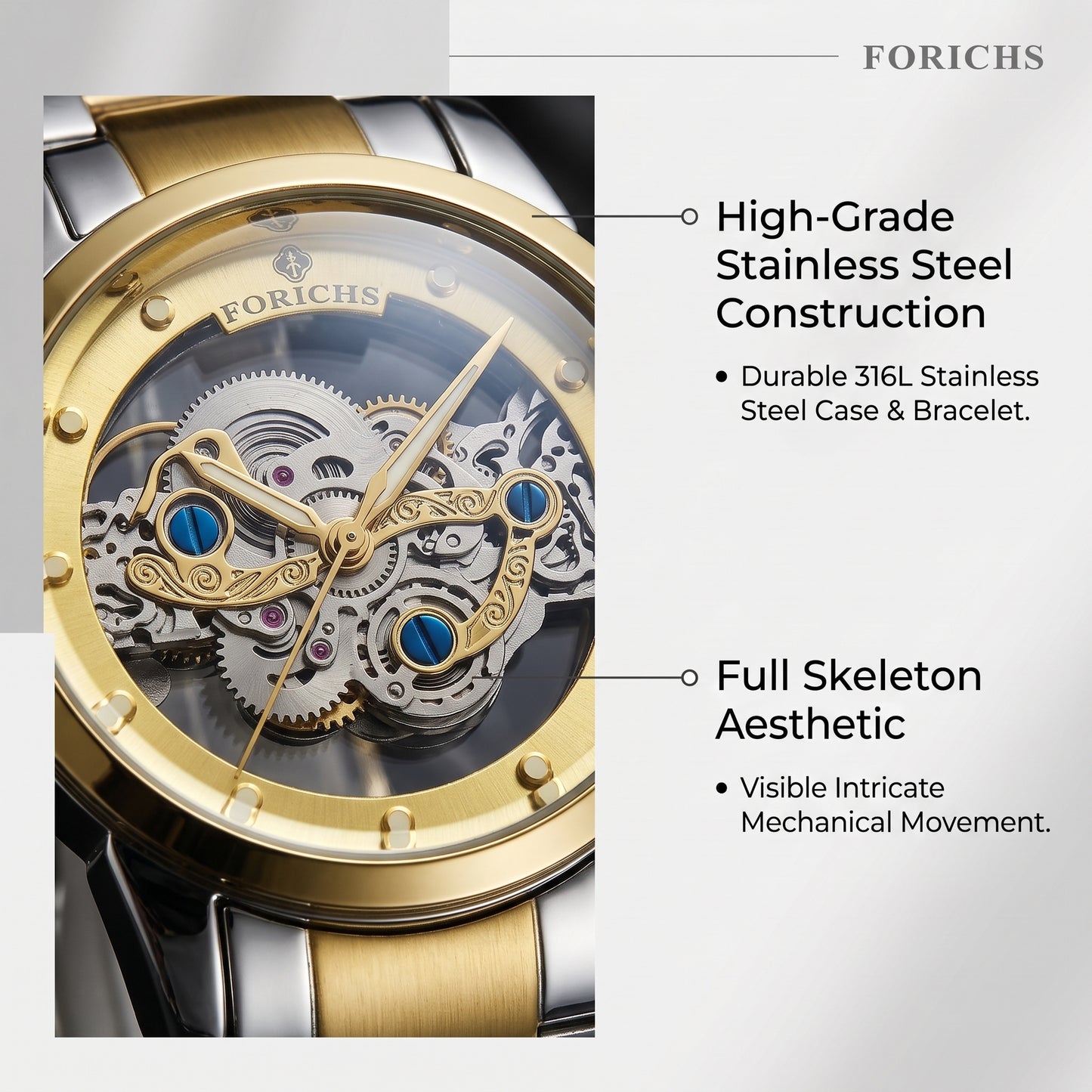 FORICHS Two-Tone Gold Quartz Skeleton Watch