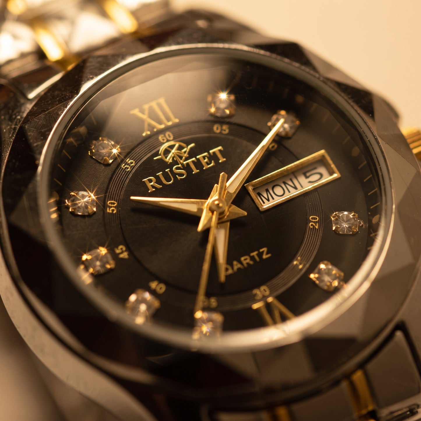RUSTET Women's Two-Tone Gold & Silver Waterproof Watch – Black Dial, Day-Date