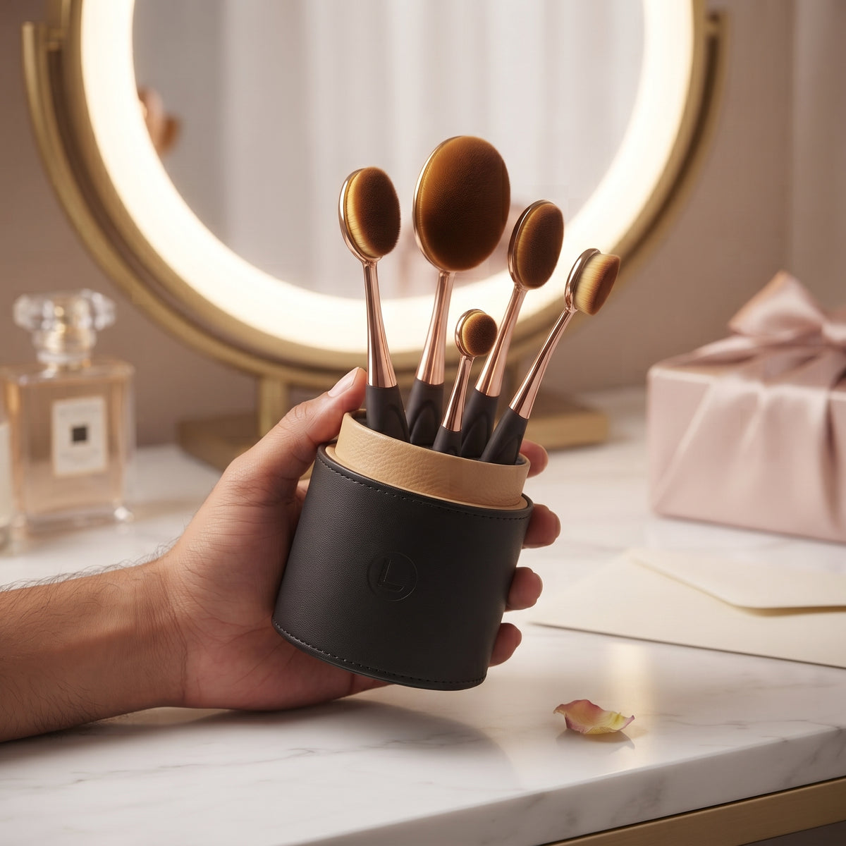 Lcosmetic Oval Makeup Brush Set with Premium Branded Case – 5 Piece Blending Brushes