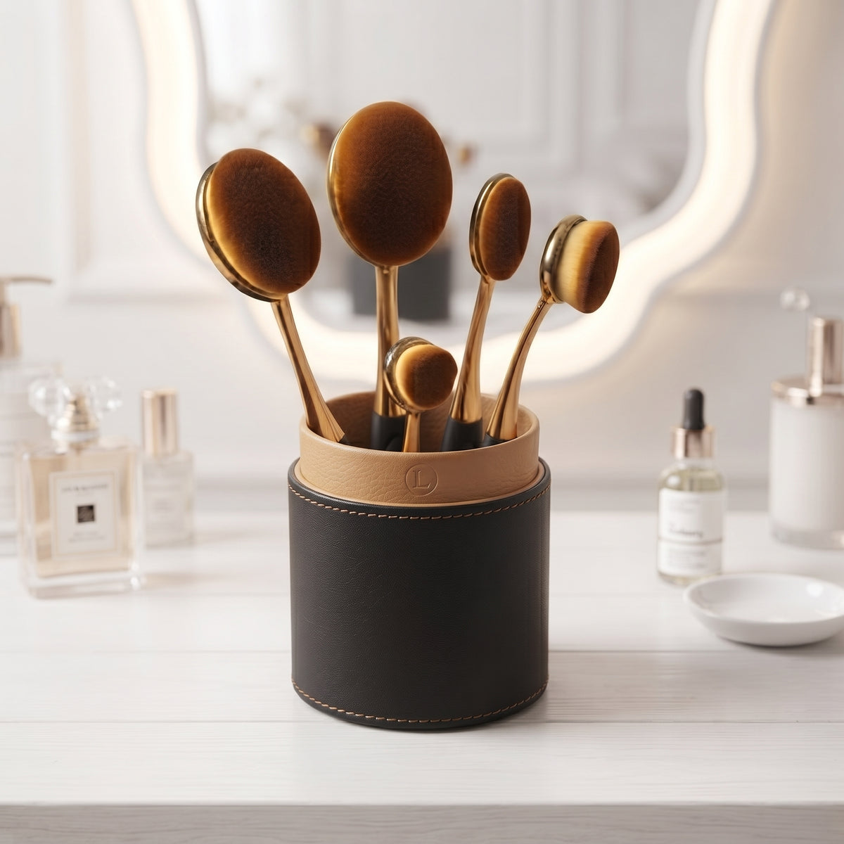 Lcosmetic Oval Makeup Brush Set with Premium Branded Case – 5 Piece Blending Brushes
