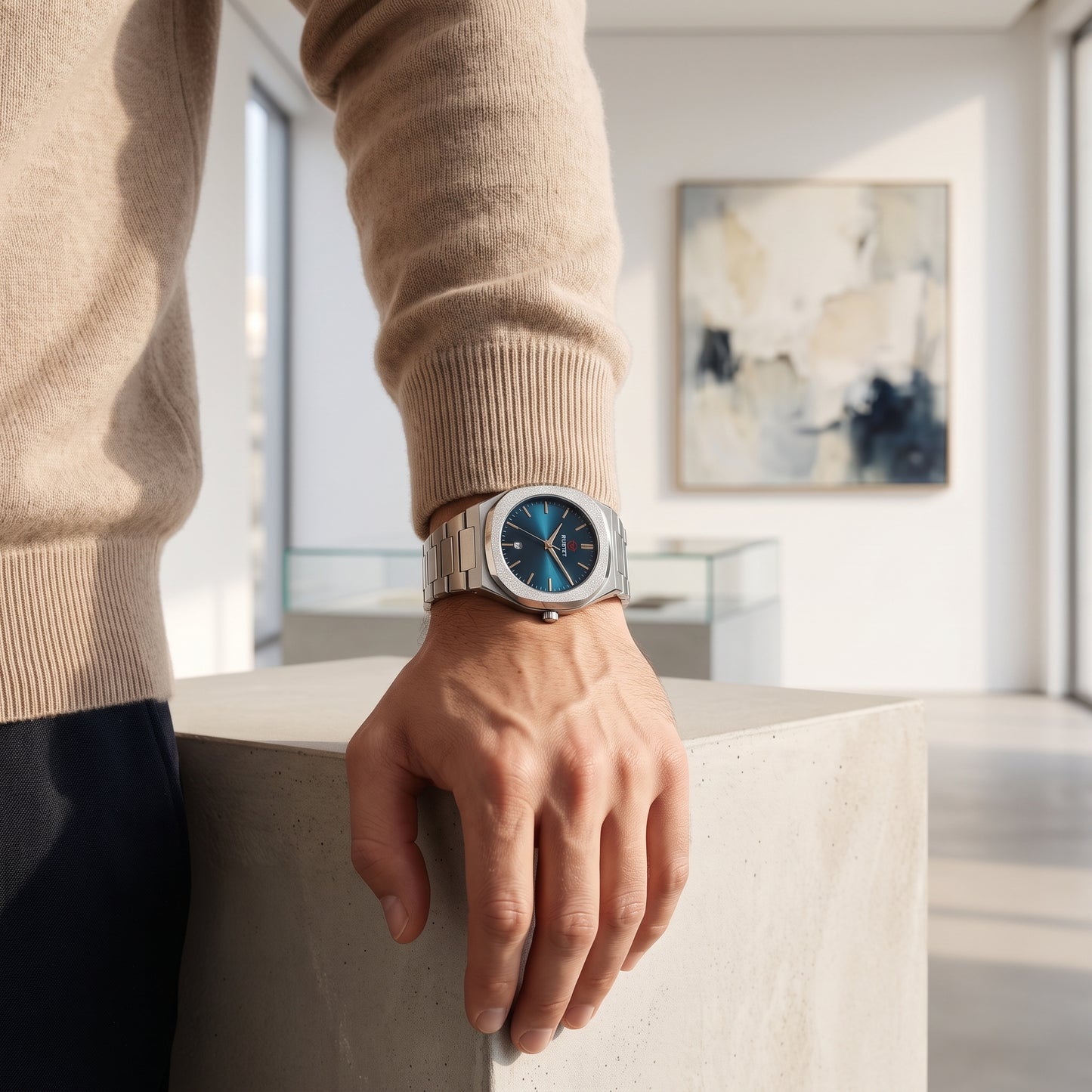 RUSTET Men's Ultra-Thin Sunburst Watch – Blue Dial, Heavy Steel & Waterproof