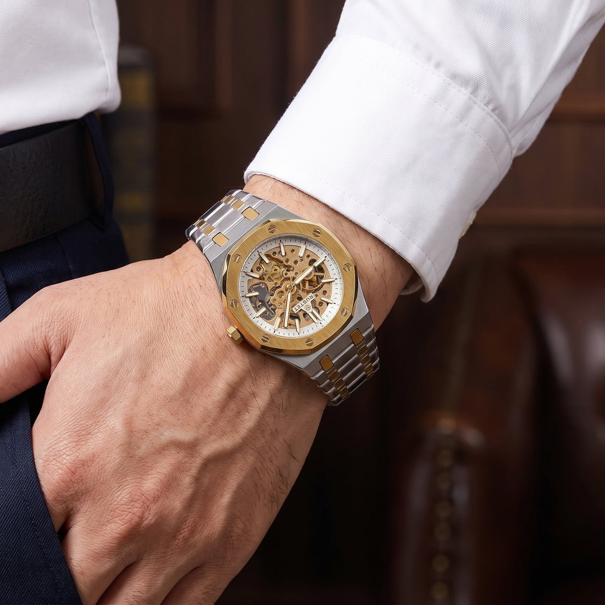 RUSTET Men's Two-Tone Skeleton Watch – Automatic Movement, Steel & Waterproof