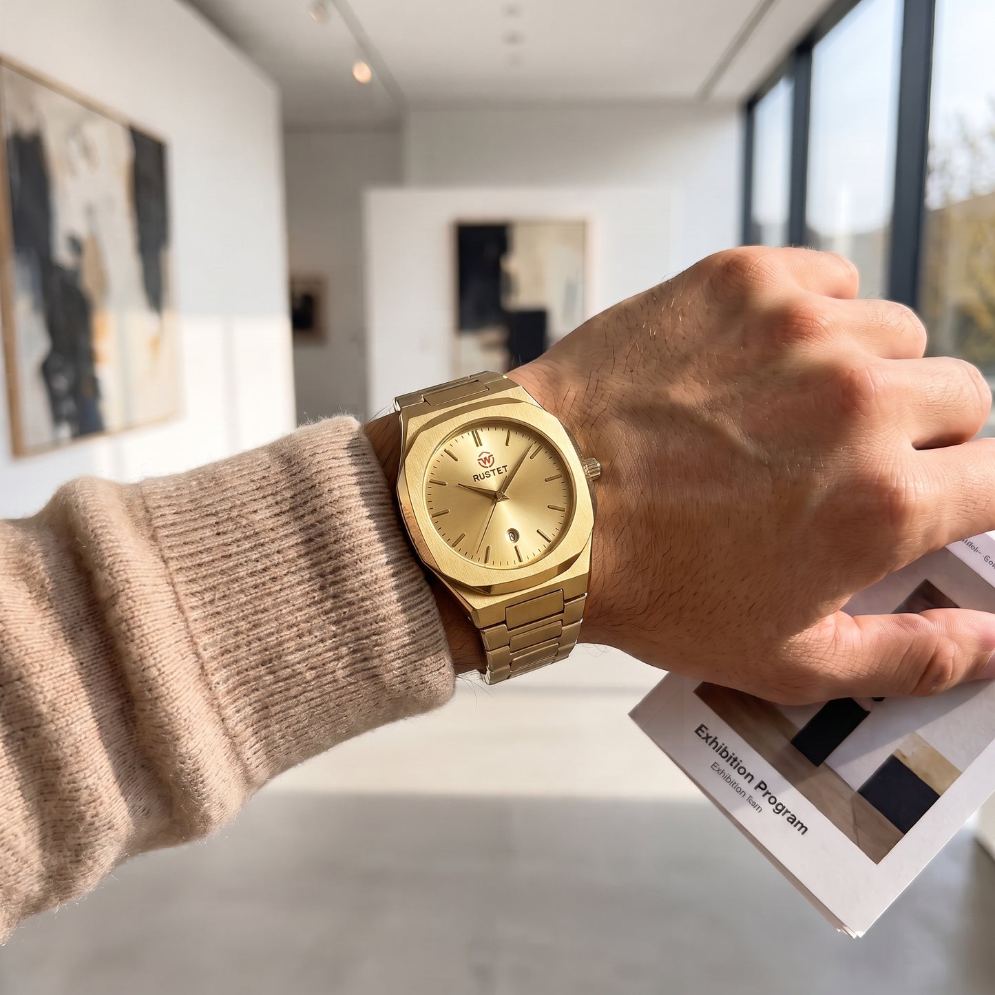 RUSTET Men's Ultra-Thin Sunburst Watch – Full Gold, Heavy Steel, Waterproof & Date