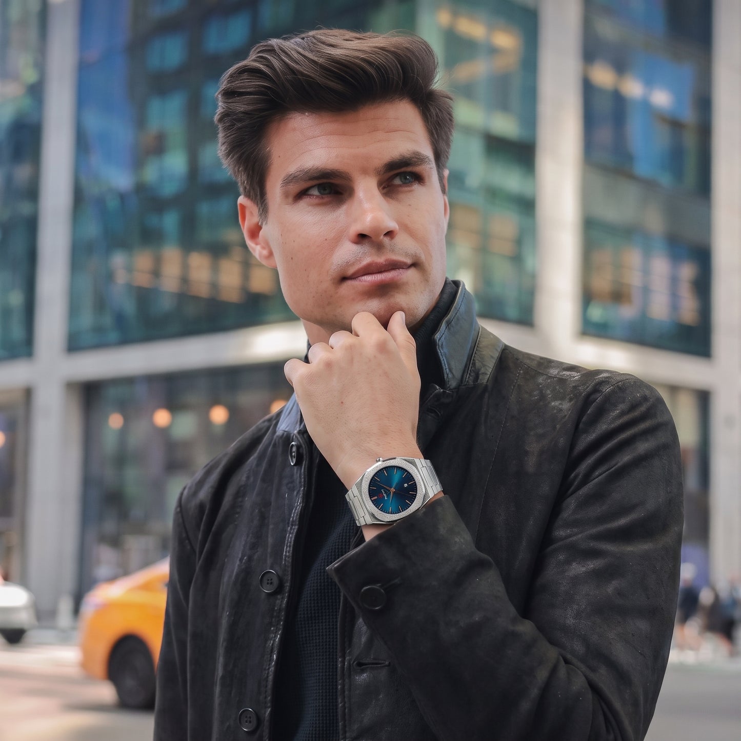 RUSTET Men's Ultra-Thin Sunburst Watch – Blue Dial, Heavy Steel & Waterproof