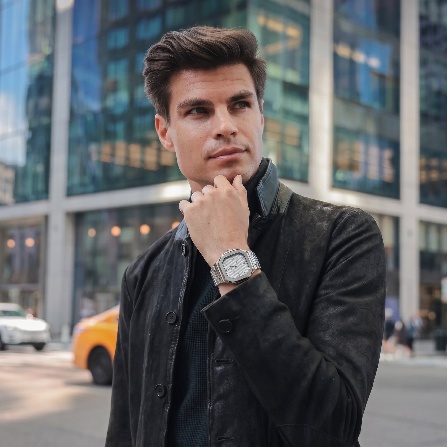 RUSTET Men's Ultra-Thin Square Case Watch – Silver, Pleated Dial, Waterproof & Date