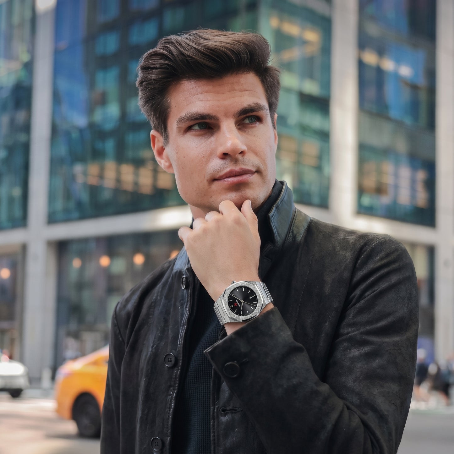 RUSTET Men's Ultra-Thin Sunburst Watch – Black Dial, Heavy Steel, Waterproof & date