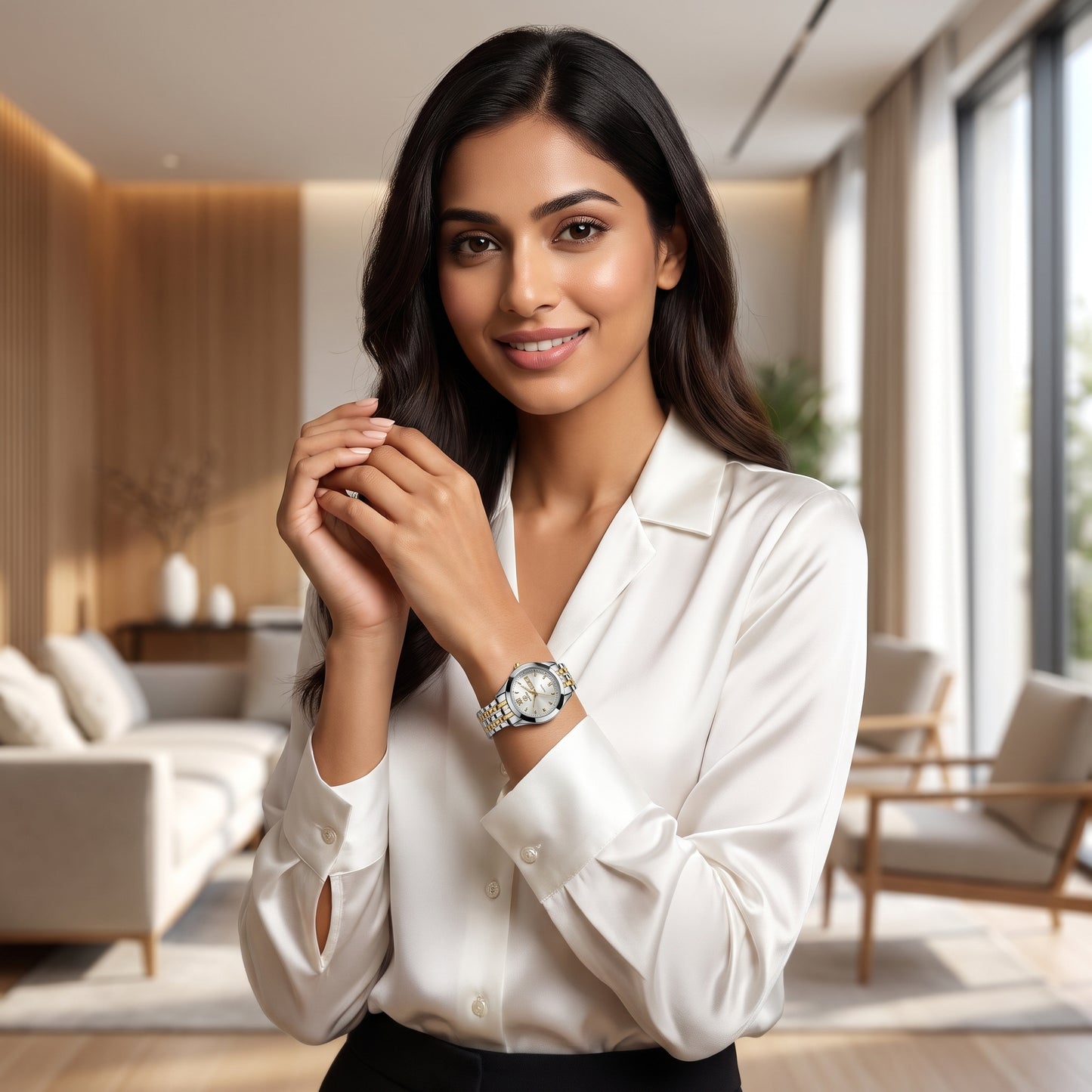 RUSTET Women's Waterproof  Two-Tone Watch – White Dial, Gold Accents, Day-Date