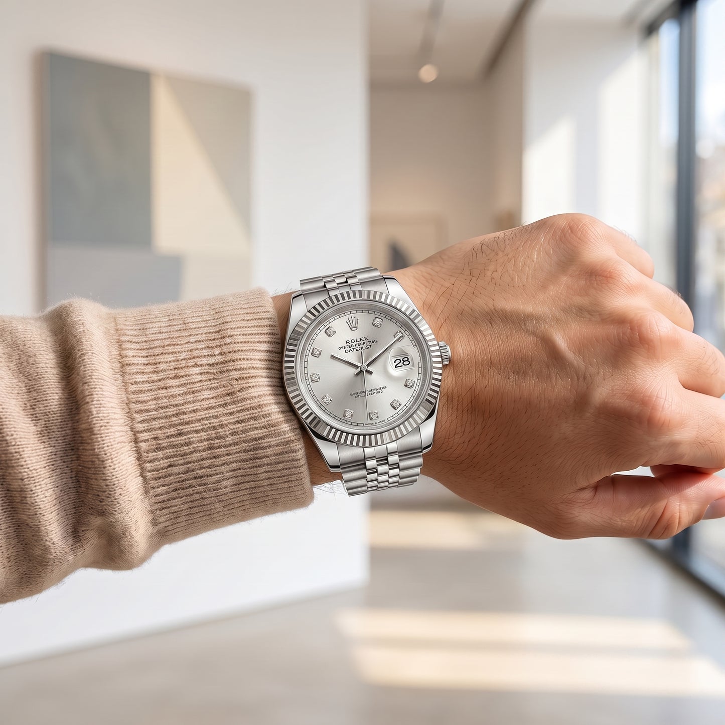 Rolex Men's Silver Datejust Watch – Fluted Bezel, Jubilee Bracelet & Diamond Markers