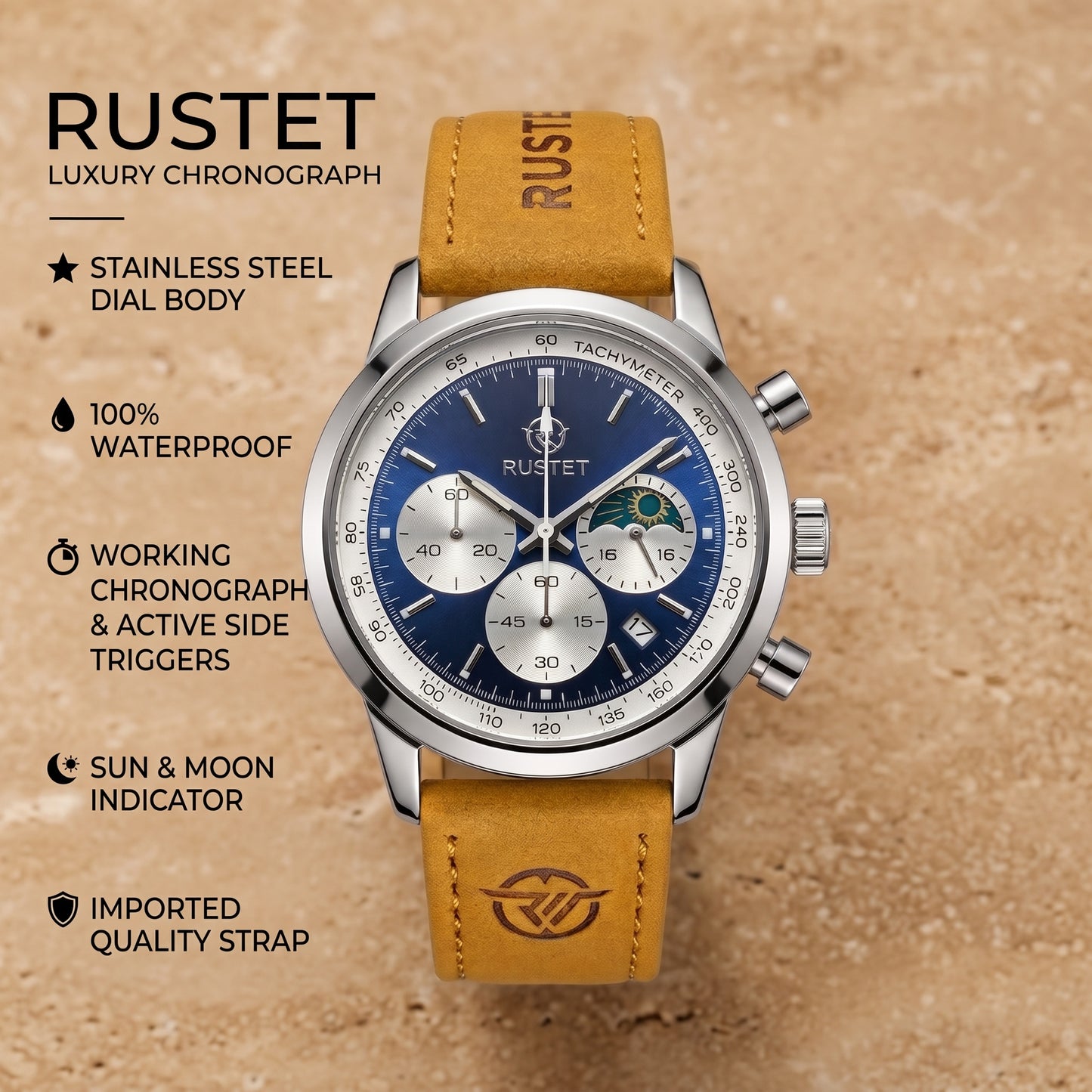 RUSTET Blue Dial Chronograph Watch – Tan Leather Strap with Premium Branded Case