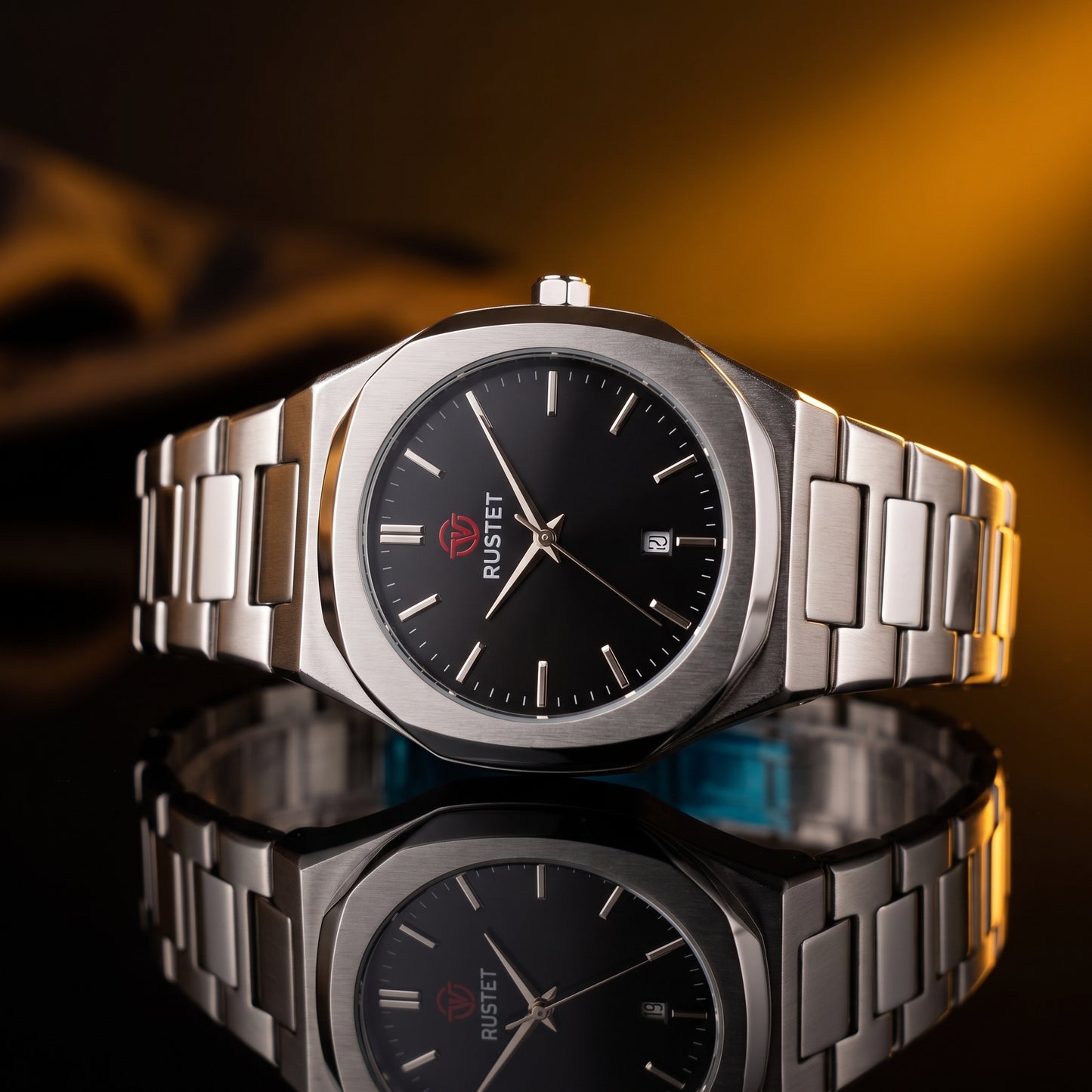 RUSTET Men's Ultra-Thin Sunburst Watch – Black Dial, Heavy Steel, Waterproof & date