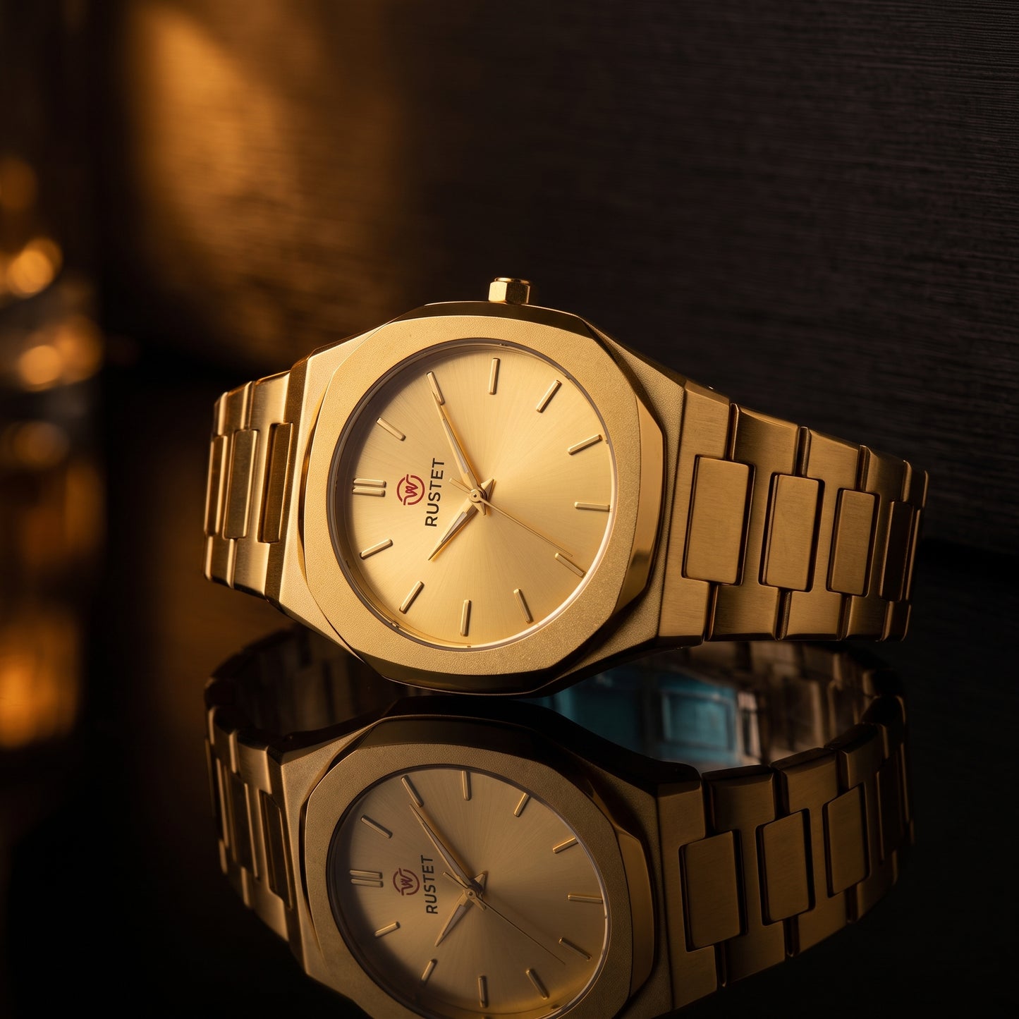 RUSTET Men's Ultra-Thin Sunburst Watch – Full Gold, Heavy Steel, Waterproof & Date