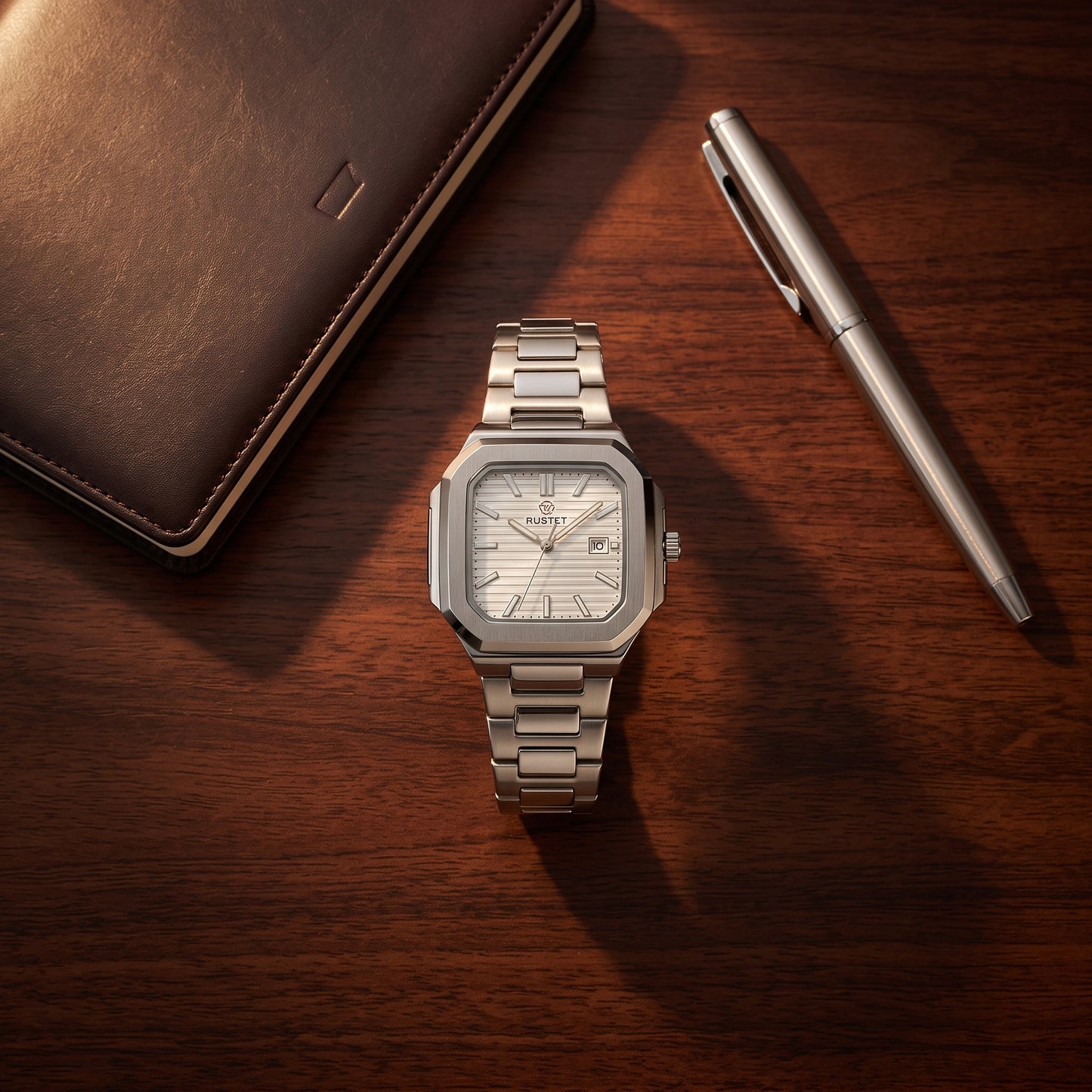 RUSTET Men's Ultra-Thin Square Case Watch – Silver, Pleated Dial, Waterproof & Date
