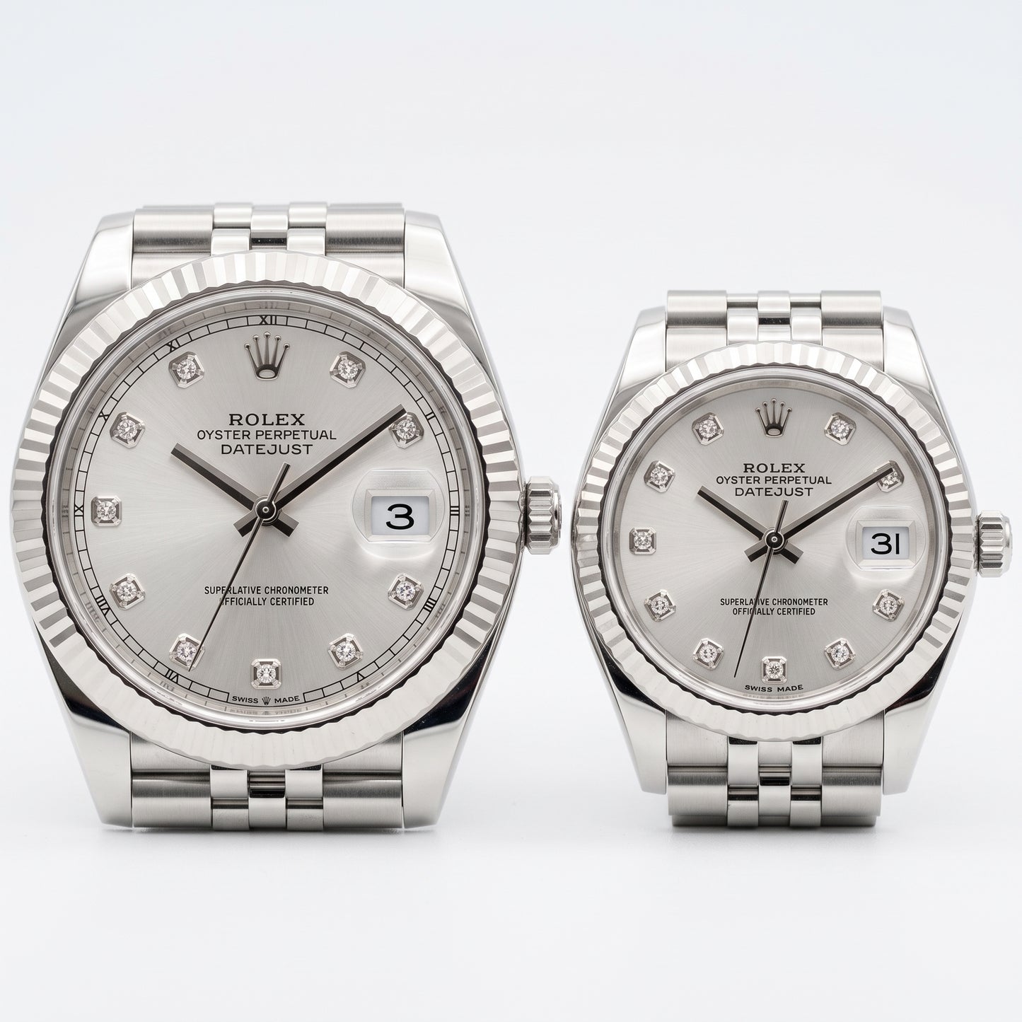 Rolex Datejust Couple Watch Set – Silver Dial, Fluted Bezel & Jubilee Bracelet (His & Hers)