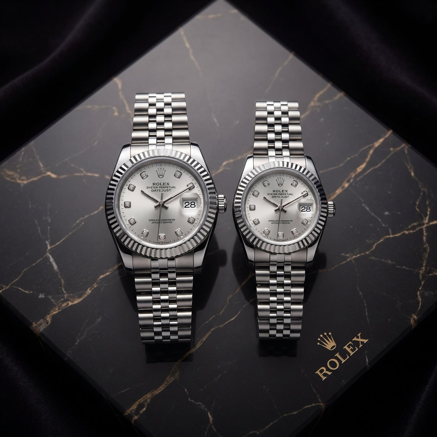 Rolex Datejust Couple Watch Set – Silver Dial, Fluted Bezel & Jubilee Bracelet (His & Hers)