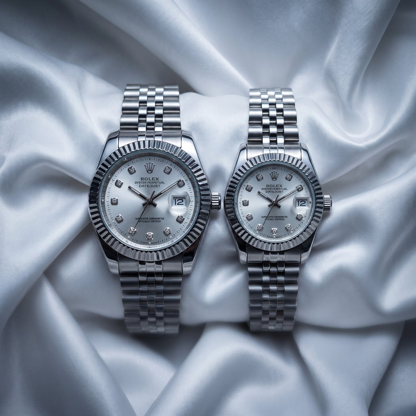 Rolex Datejust Couple Watch Set – Silver Dial, Fluted Bezel & Jubilee Bracelet (His & Hers)