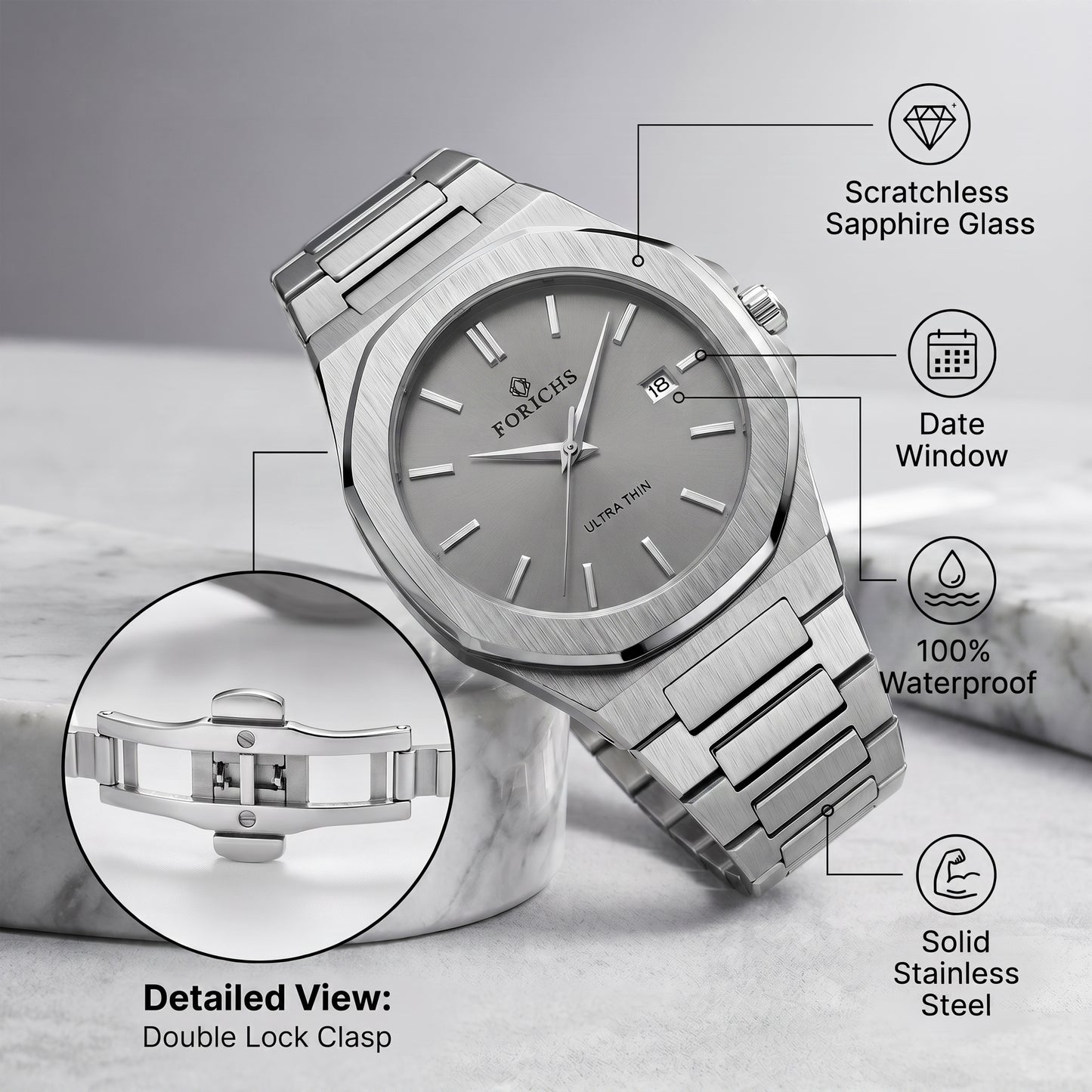 FORICHS Men's Ultra-Thin Quartz Watch – Sapphire Crystal, Steel & Grey Dial & Date