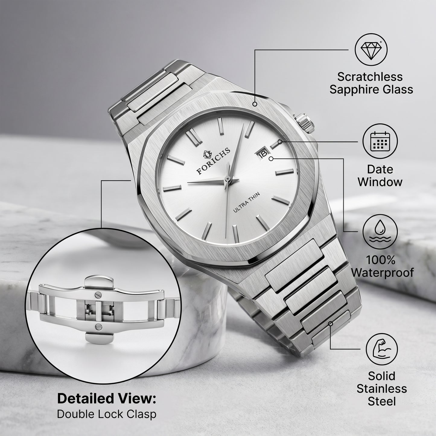 FORICHS Men’s Ultra-Thin Quartz Watch – Sapphire Crystal, Stainless Steel & Date