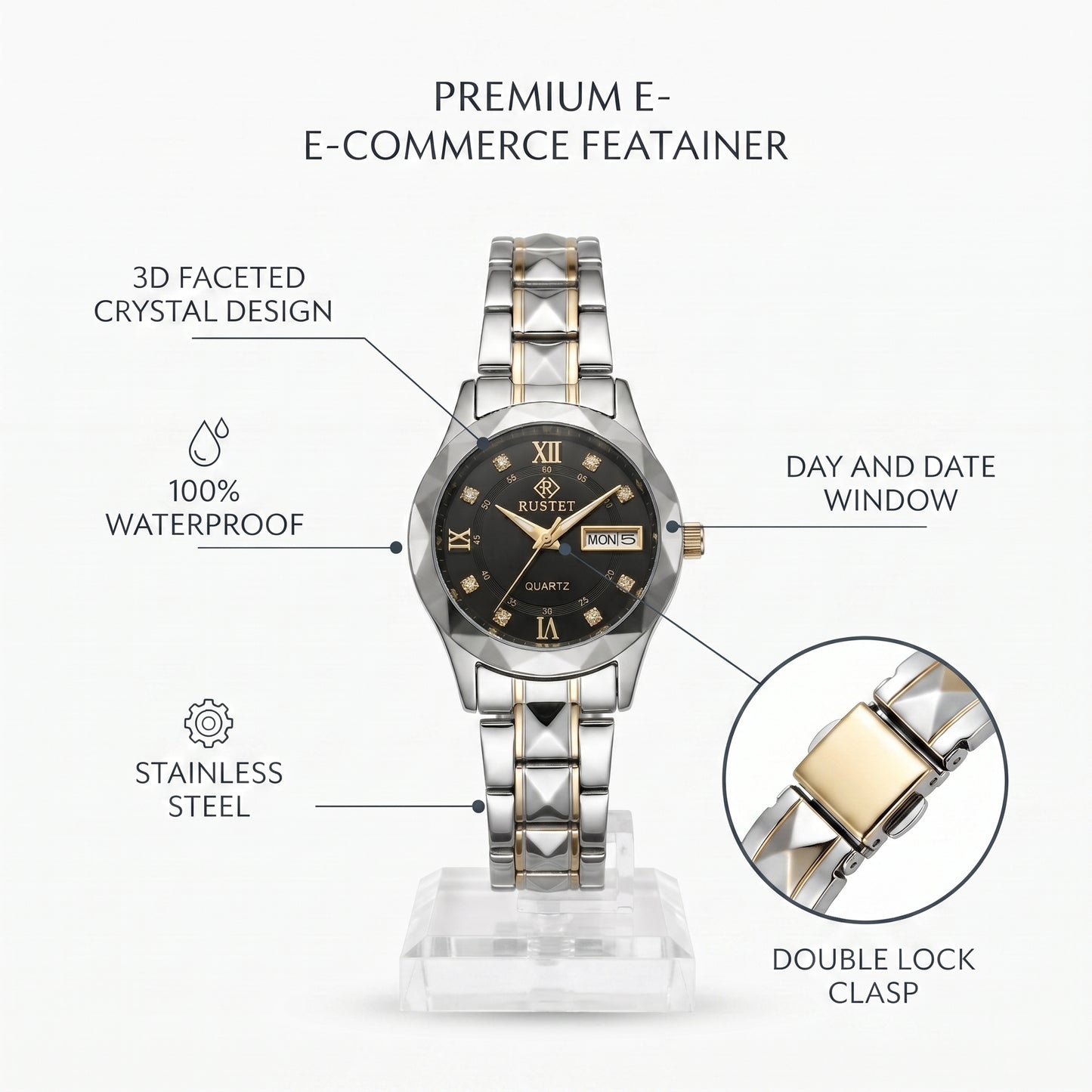 RUSTET Women's Two-Tone Gold & Silver Waterproof Watch – Black Dial, Day-Date