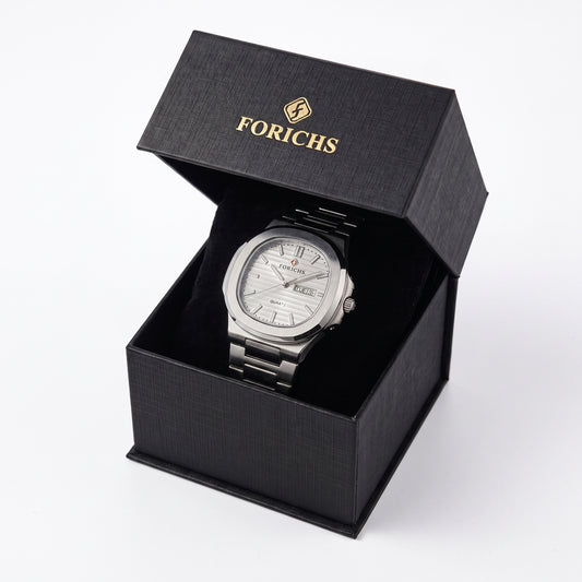 FORICHS Silver Steel Watch with Day-Date Display