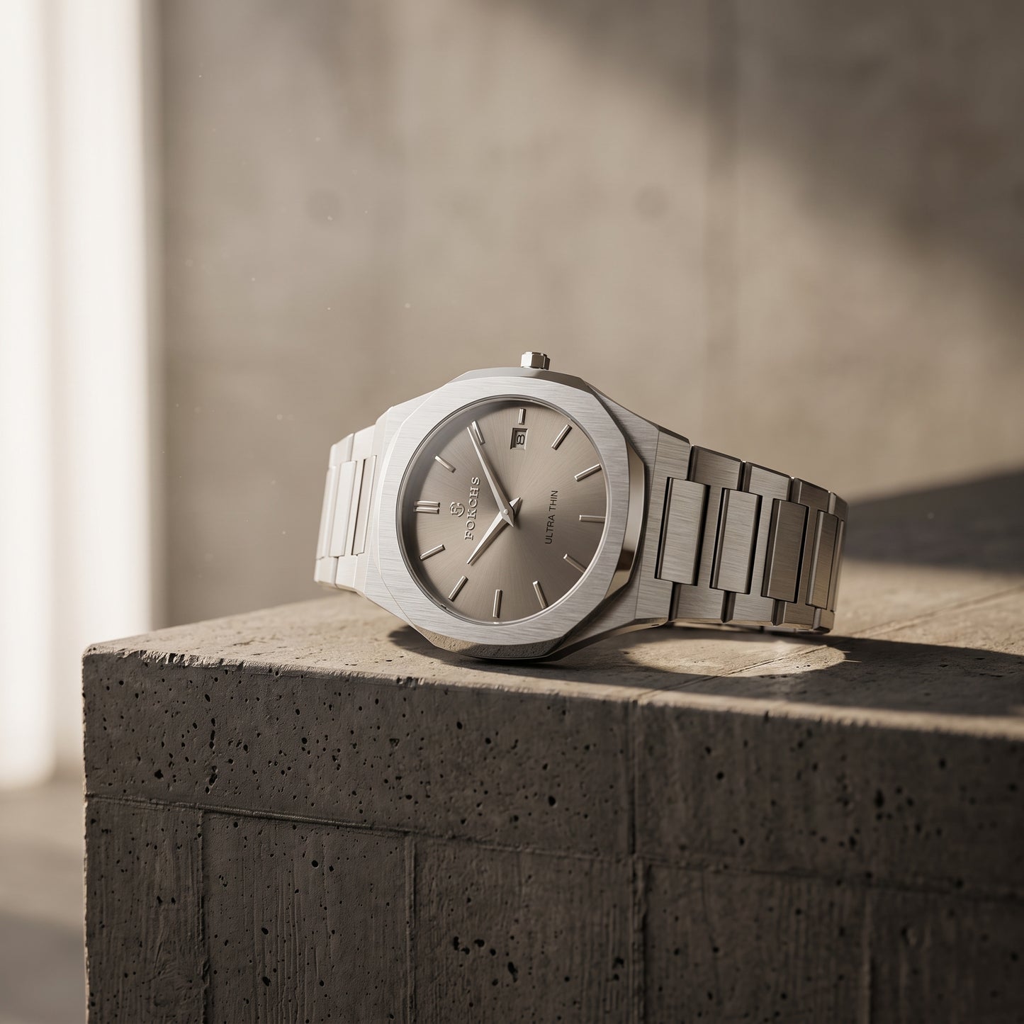 FORICHS Men's Ultra-Thin Quartz Watch – Sapphire Crystal, Steel & Grey Dial & Date