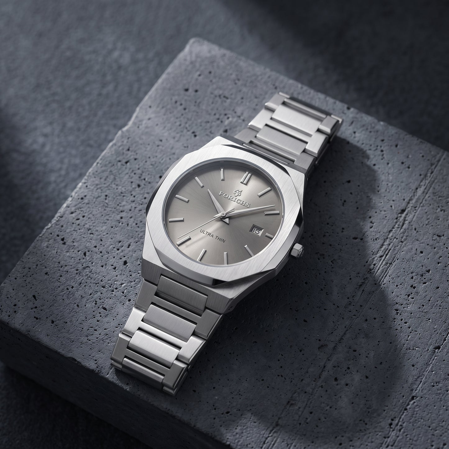 FORICHS Men's Ultra-Thin Quartz Watch – Sapphire Crystal, Steel & Grey Dial & Date