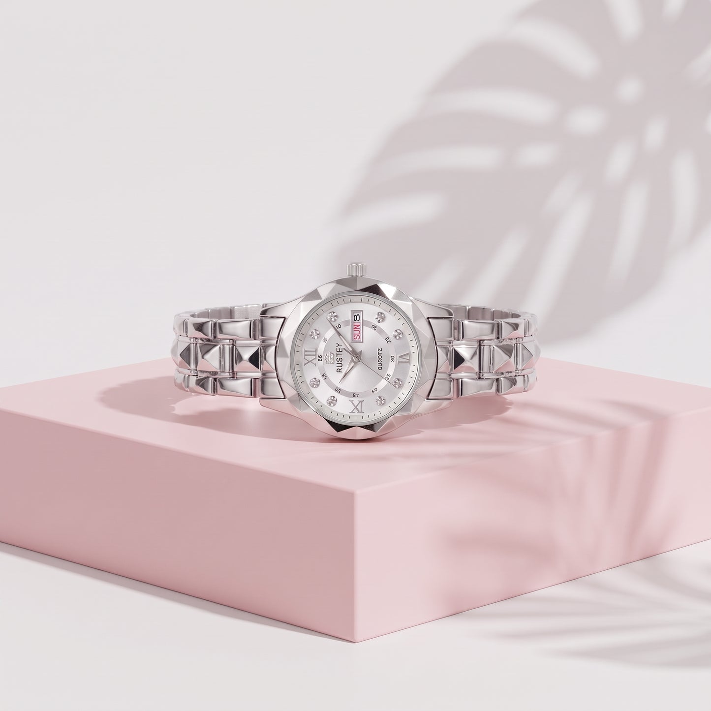 RUSTET Women's 3D Faceted Crystal Watch – Silver Steel, Waterproof & Day-Date