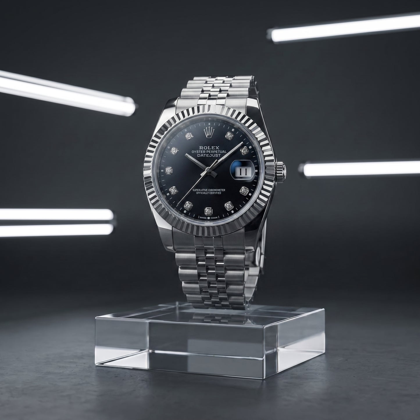 Rolex Men's Datejust Watch – Black Dial, Fluted Bezel & Jubilee Bracelet