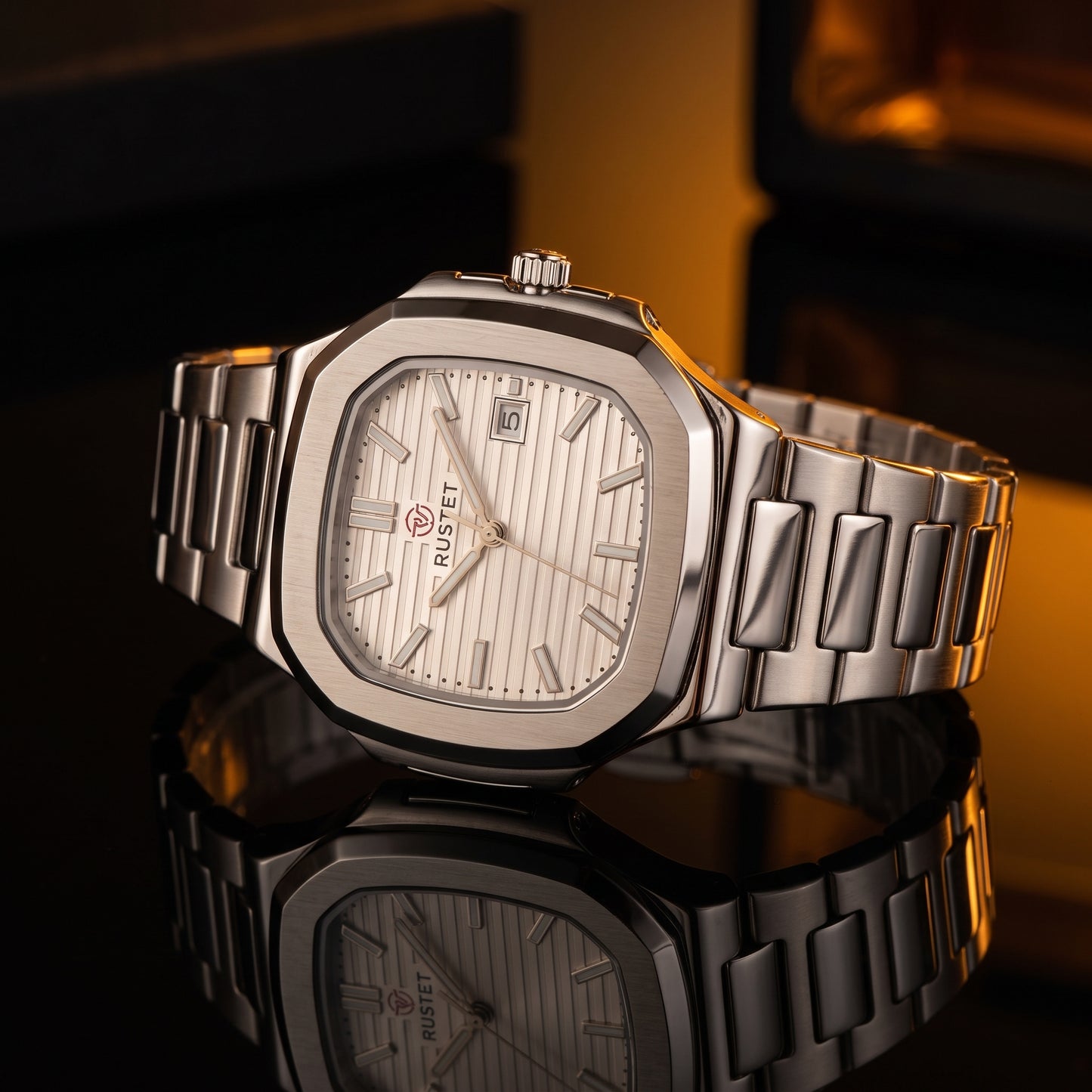 RUSTET Men's Ultra-Thin Square Case Watch – Silver, Pleated Dial, Waterproof & Date