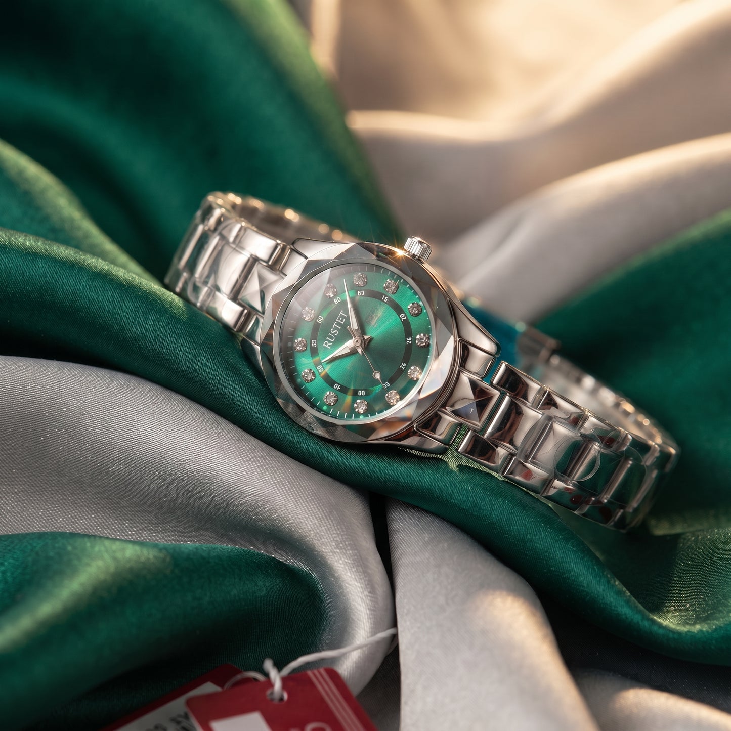 RUSTET Women's 3D Faceted Crystal Watch – Green Steel, Waterproof & Day-Date