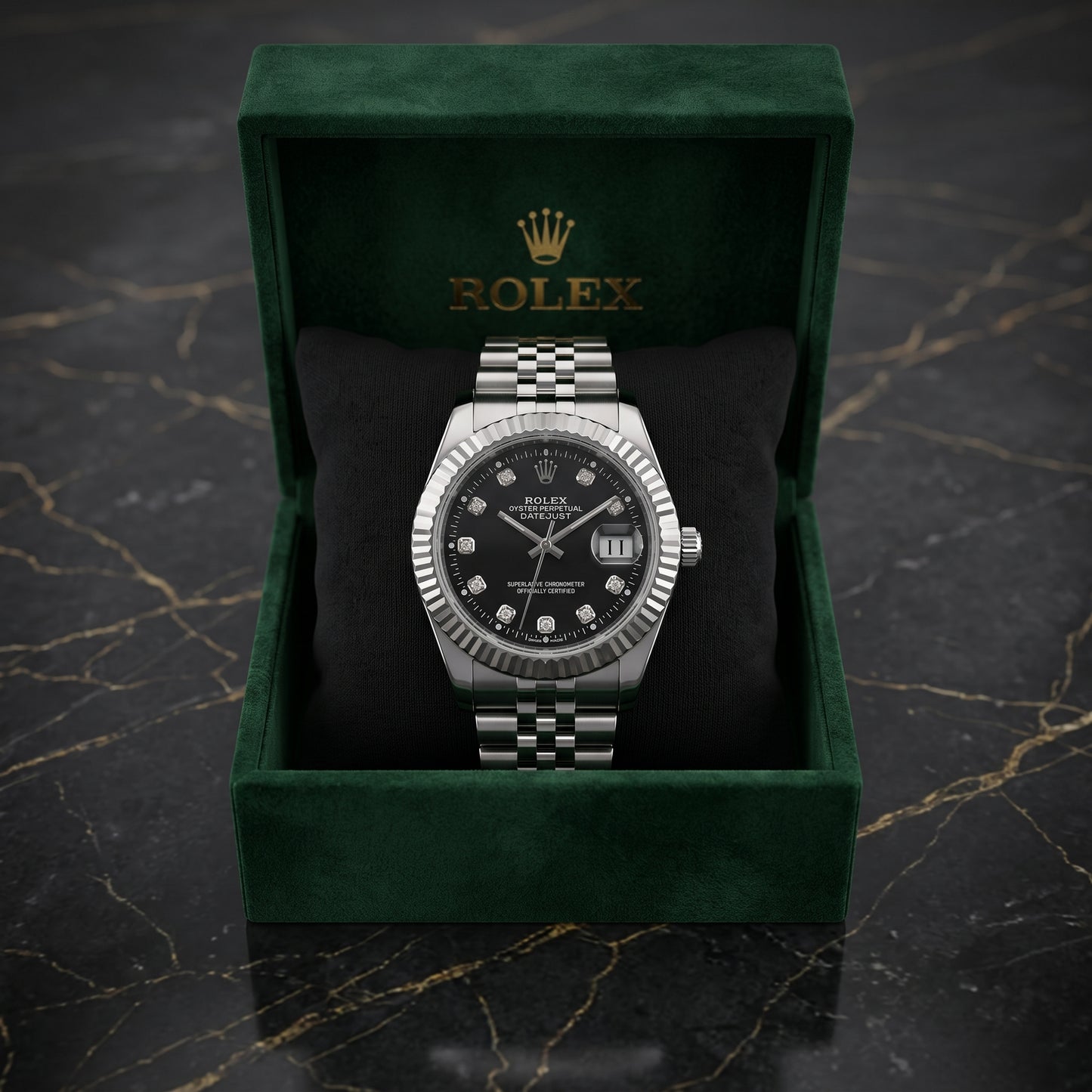 Rolex Men's Datejust Watch – Black Dial, Fluted Bezel & Jubilee Bracelet