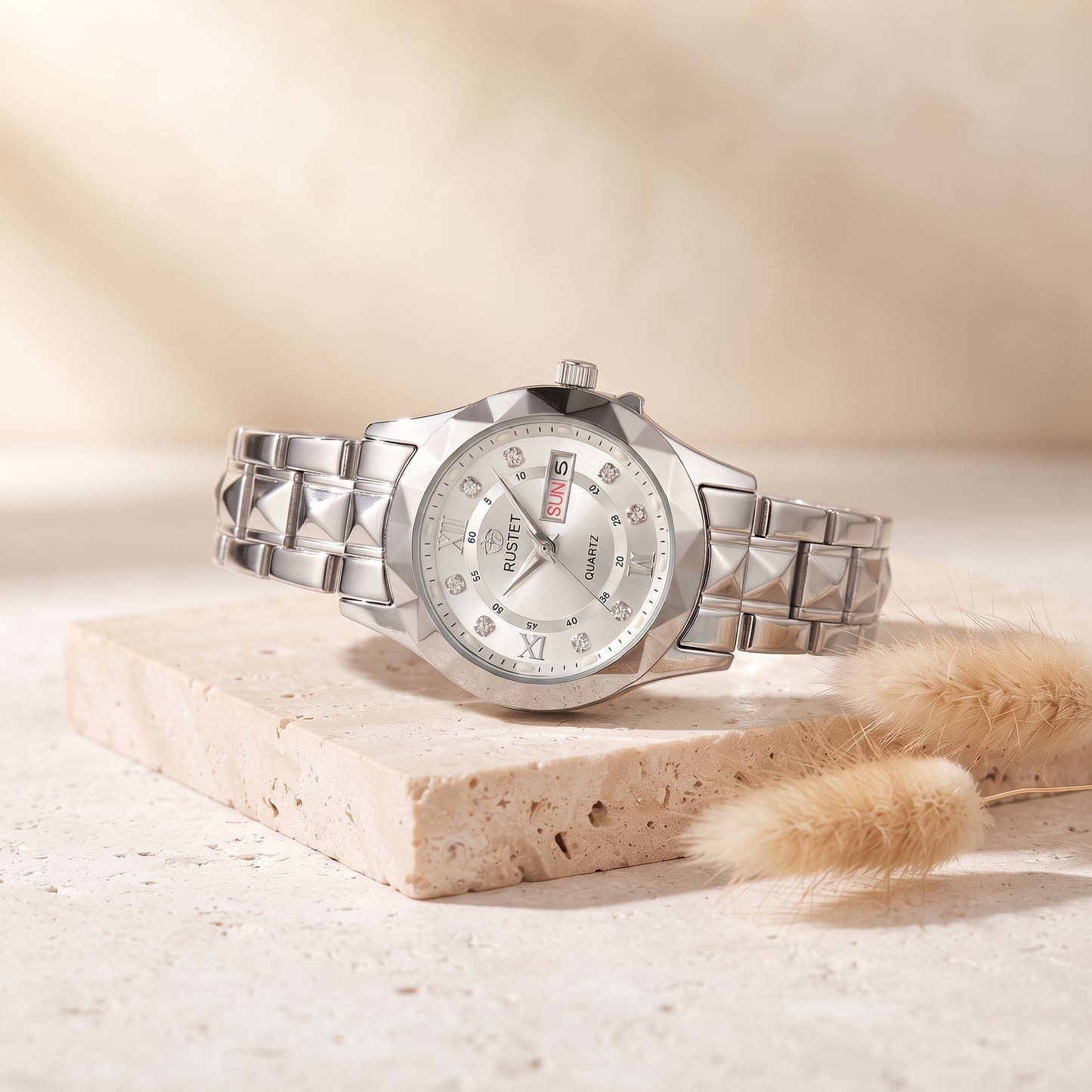 RUSTET Women's 3D Faceted Crystal Watch – Silver Steel, Waterproof & Day-Date