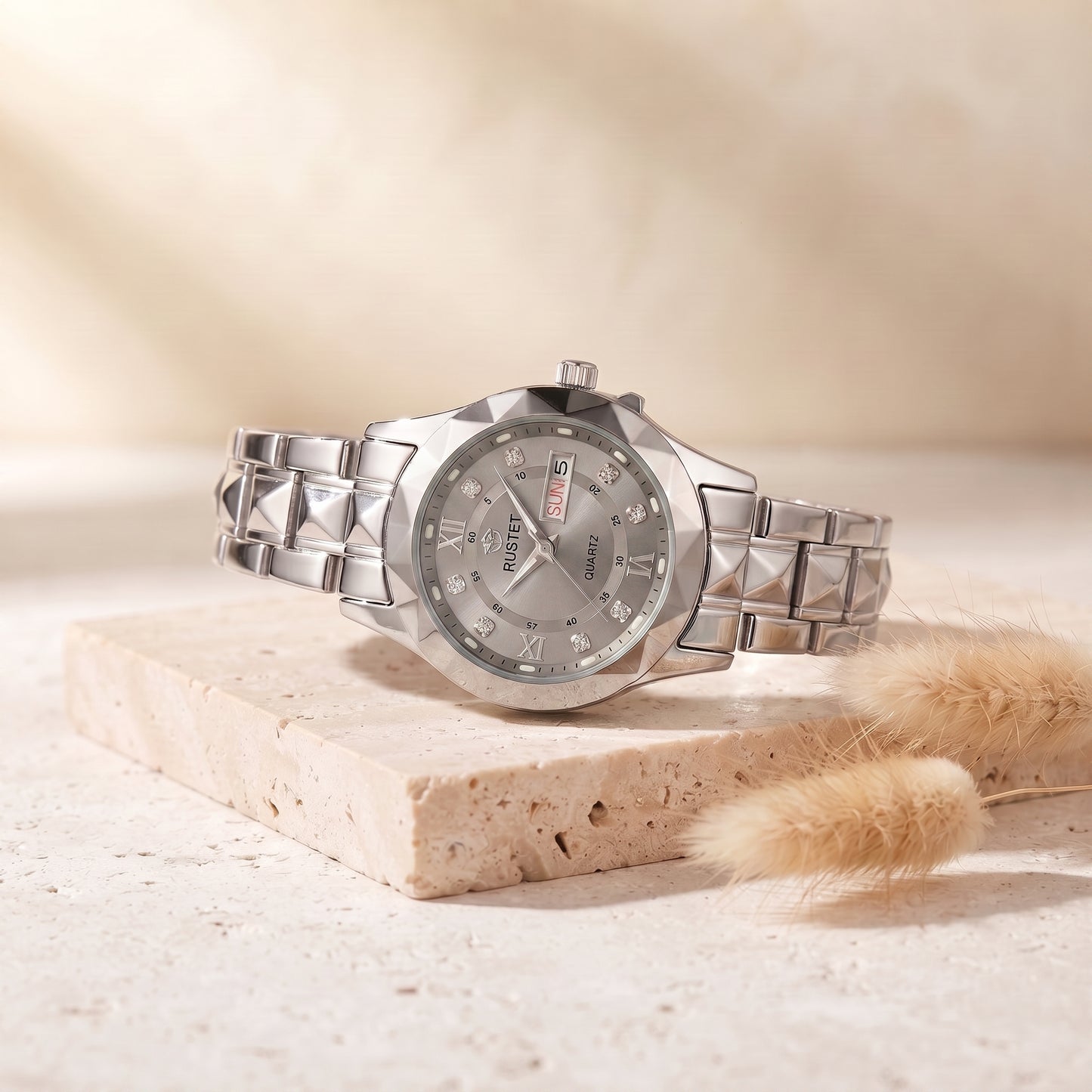 RUSTET Women's 3D Faceted Crystal Watch – Grey Steel, Waterproof & Day-Date