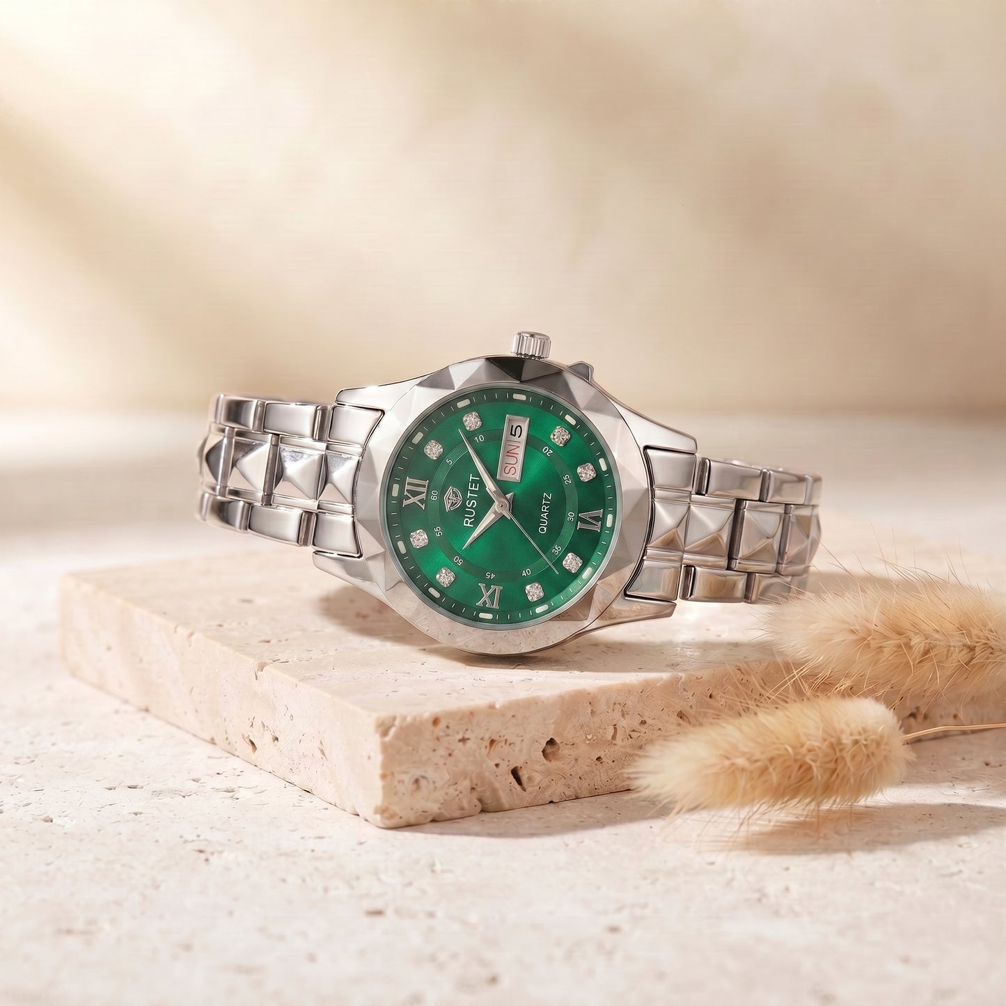 RUSTET Women's 3D Faceted Crystal Watch – Green Steel, Waterproof & Day-Date