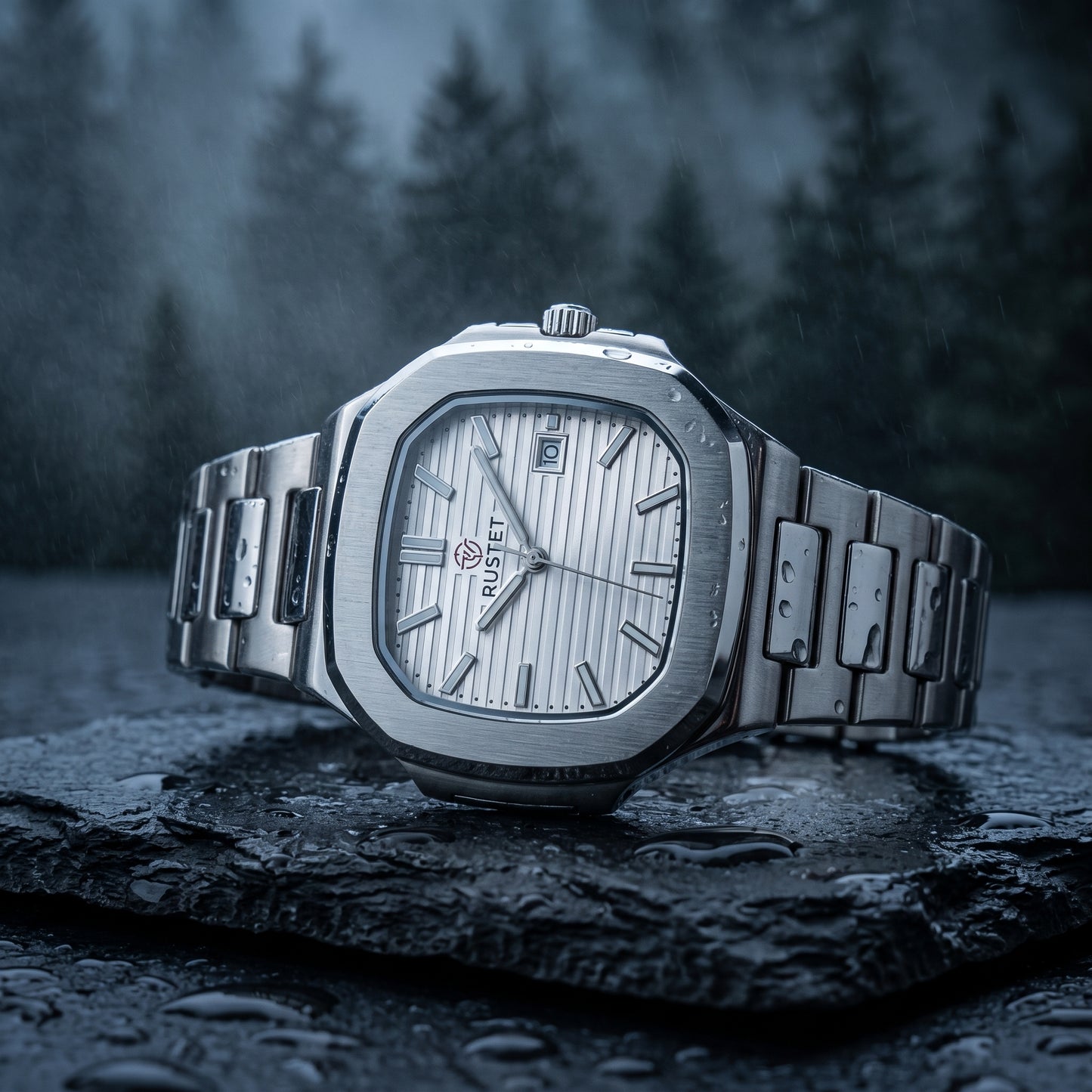 RUSTET Men's Ultra-Thin Square Case Watch – Silver, Pleated Dial, Waterproof & Date