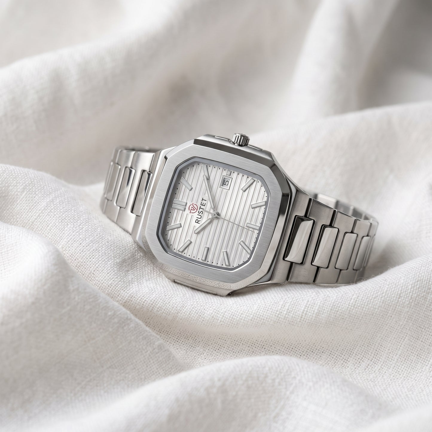 RUSTET Men's Ultra-Thin Square Case Watch – Silver, Pleated Dial, Waterproof & Date