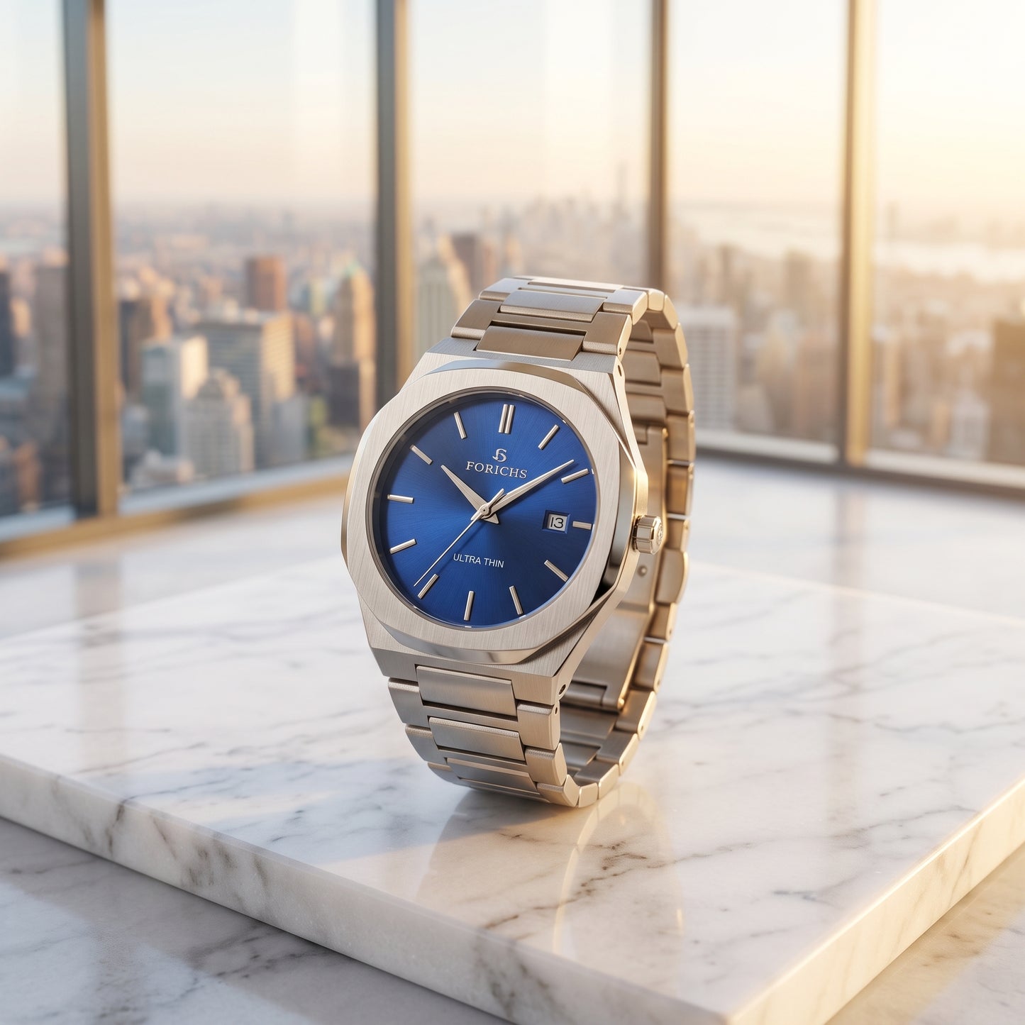 FORICHS Men's Ultra-Thin Quartz Watch – Sapphire Crystal, Steel & Blue Dial & Date