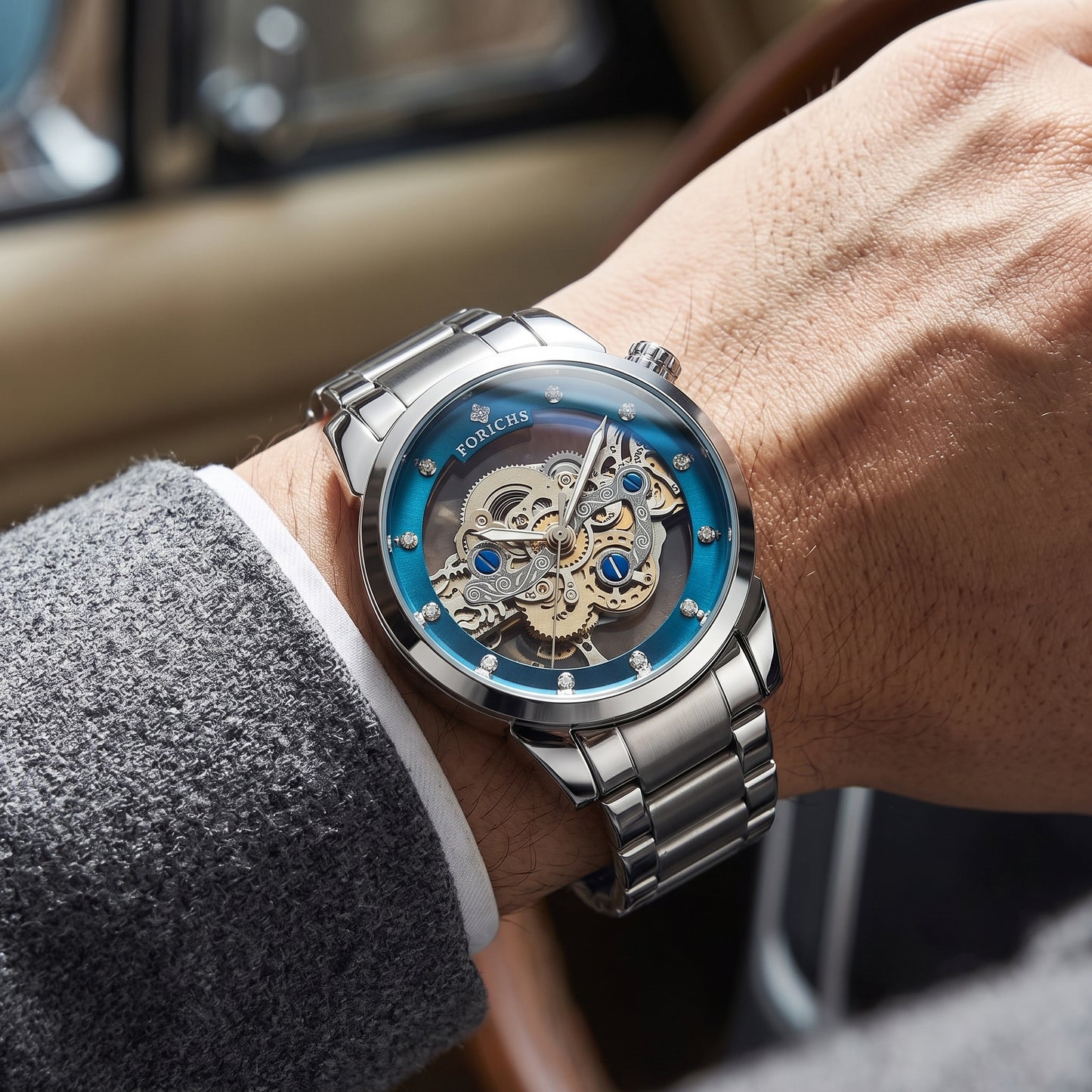 FORICHS Quartz Skeleton Watch with Blue Transparent Dial