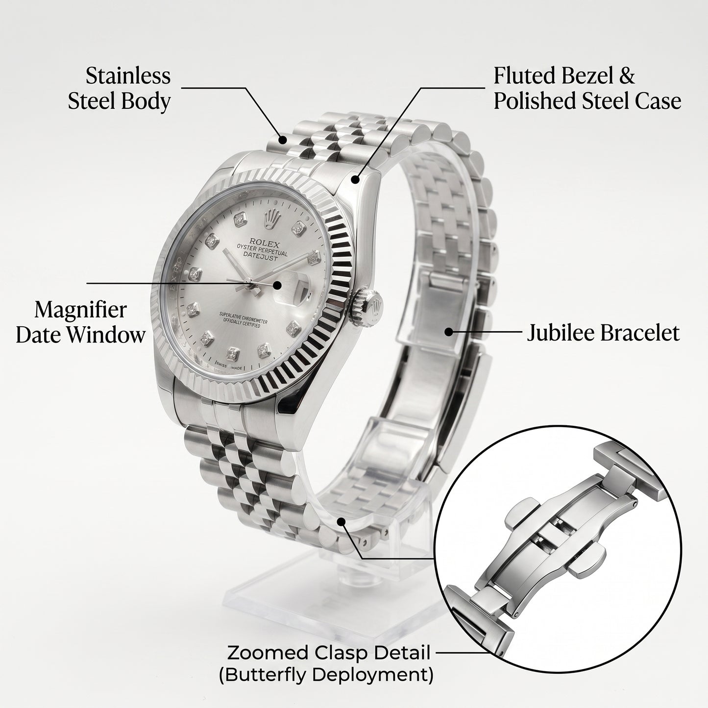 Rolex Men's Silver Datejust Watch – Fluted Bezel, Jubilee Bracelet & Diamond Markers