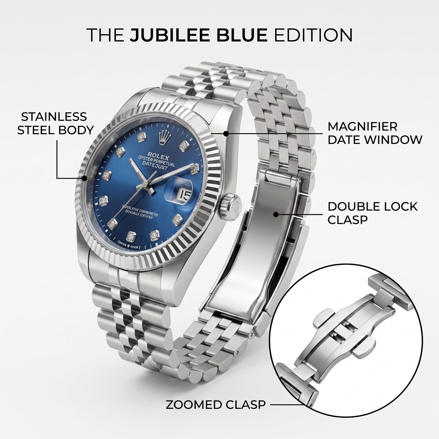 Rolex Men's Datejust Watch – Blue Dial, Fluted Bezel & Jubilee Bracelet