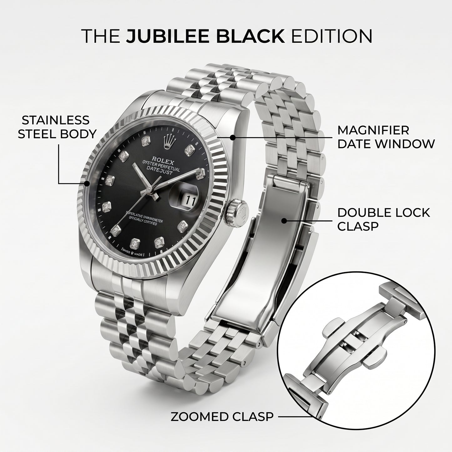 Rolex Women's Datejust Watch – Black Dial, Fluted Bezel & Jubilee Bracelet