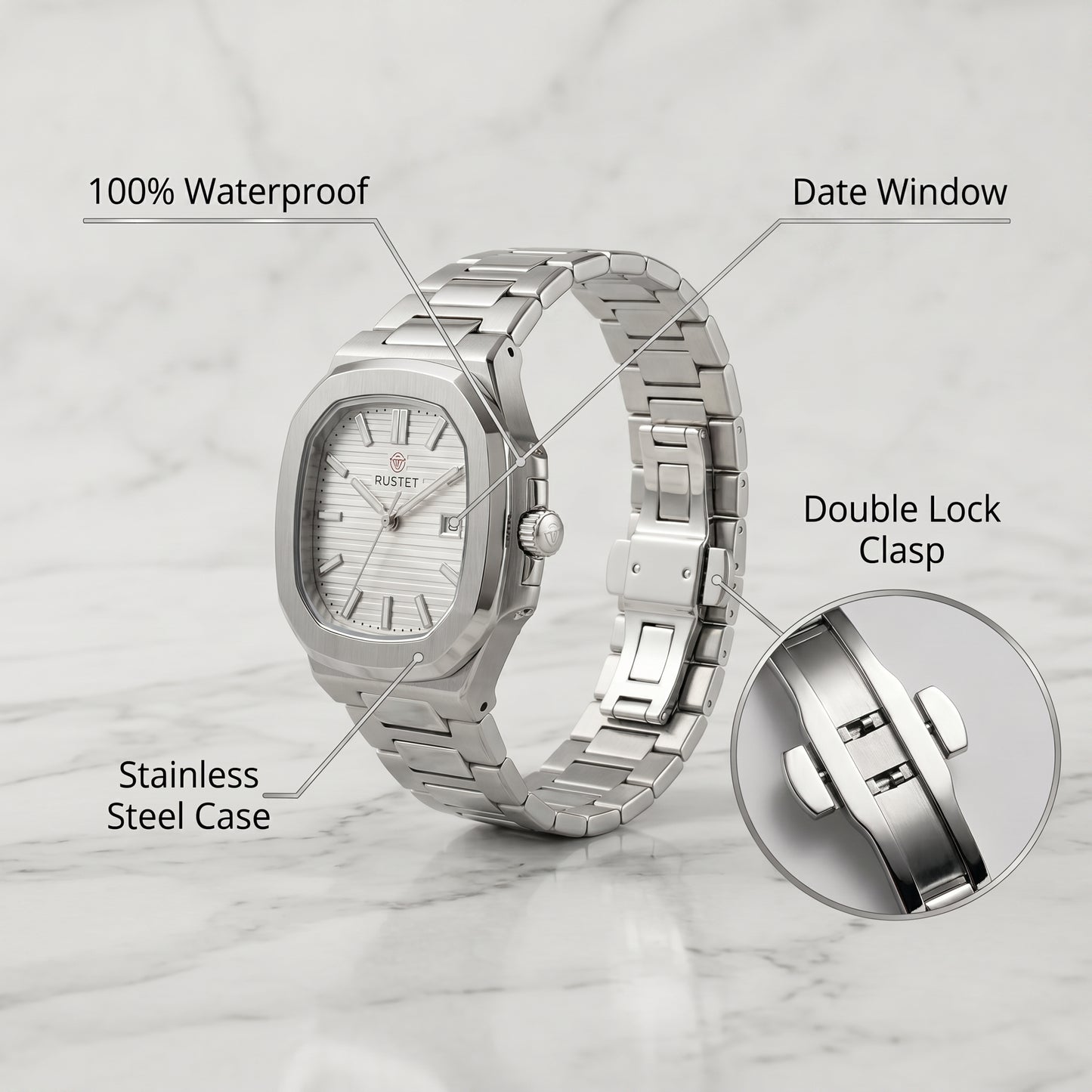 RUSTET Men's Ultra-Thin Square Case Watch – Silver, Pleated Dial, Waterproof & Date