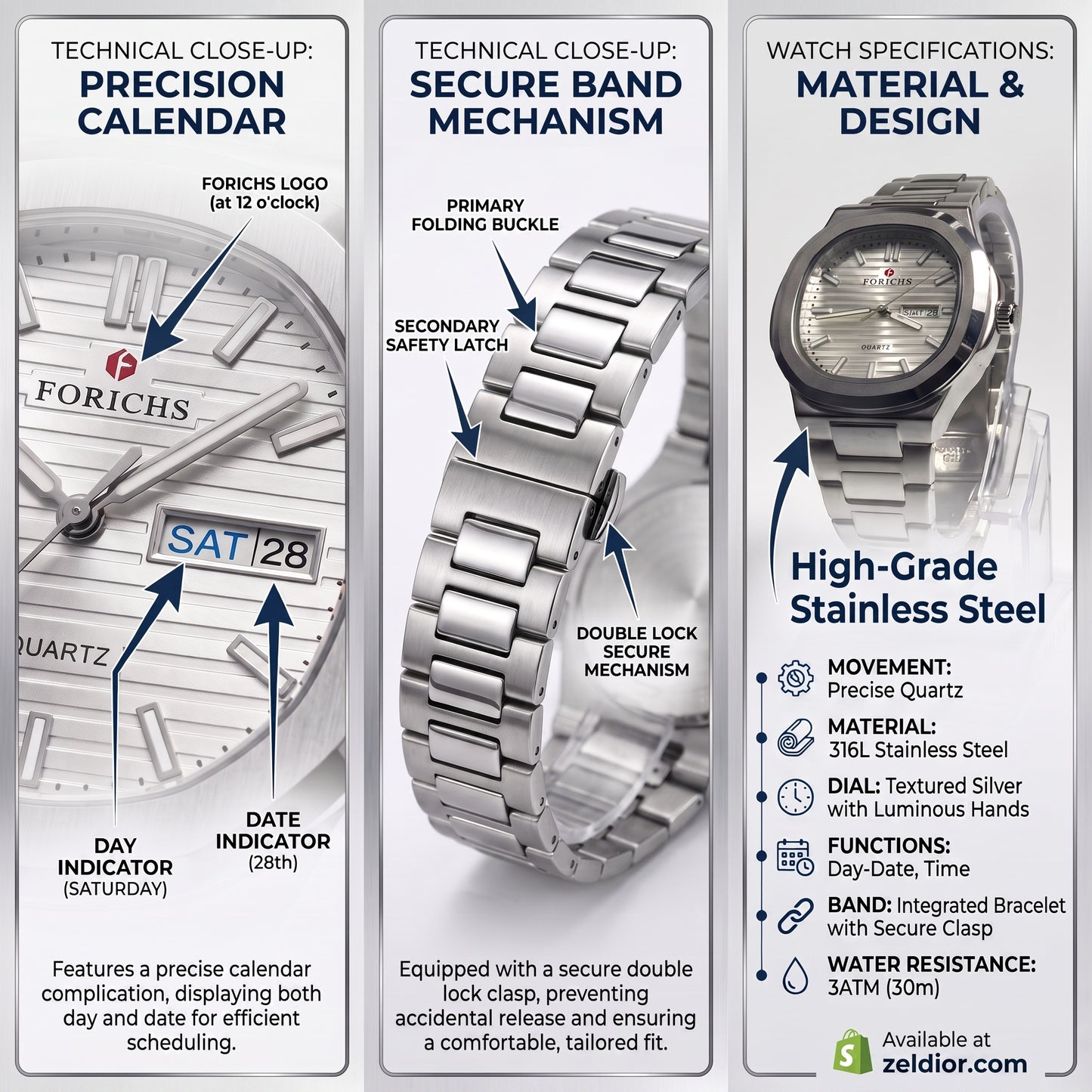 FORICHS Silver Steel Watch with Day-Date Display