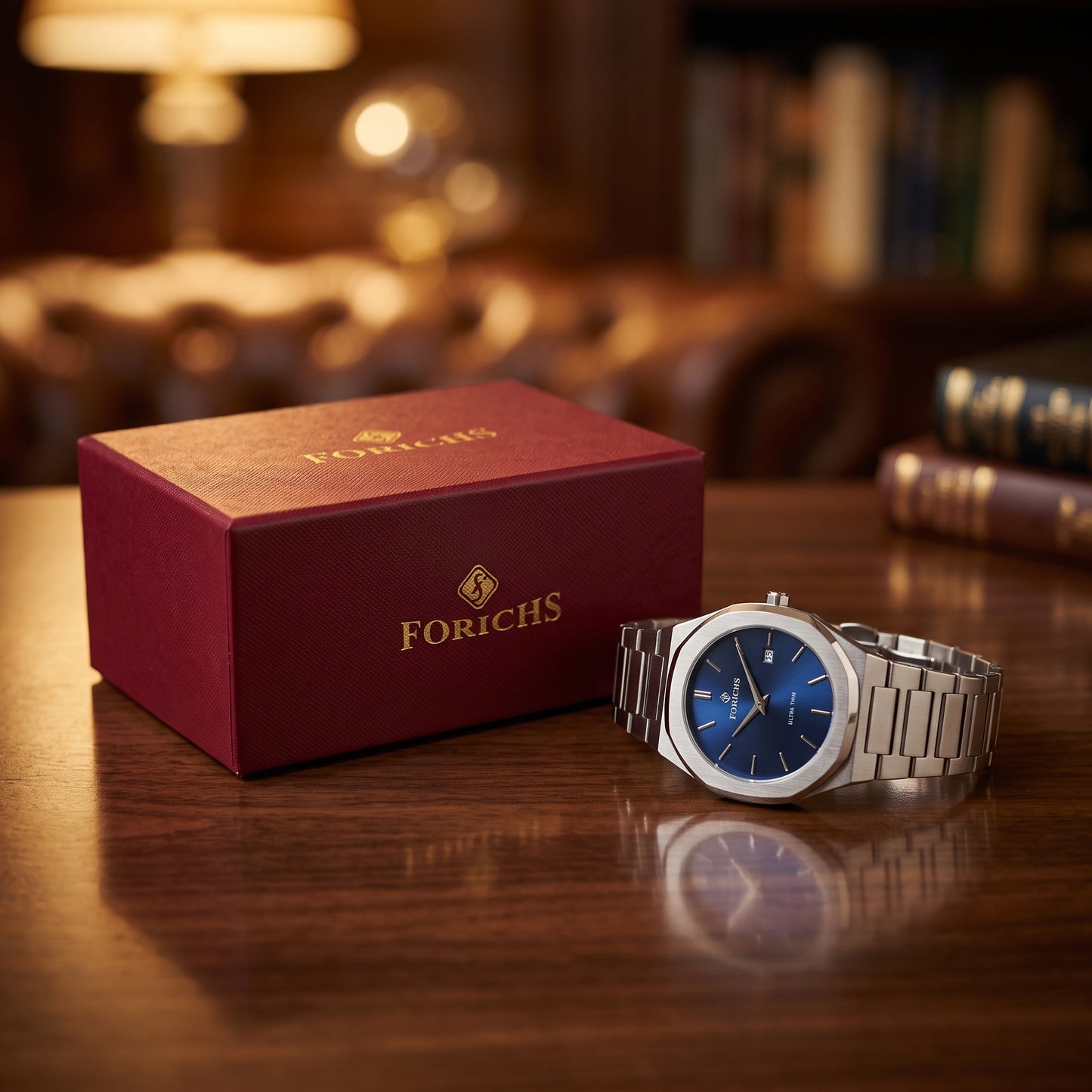 FORICHS Men's Ultra-Thin Quartz Watch – Sapphire Crystal, Steel & Blue Dial & Date