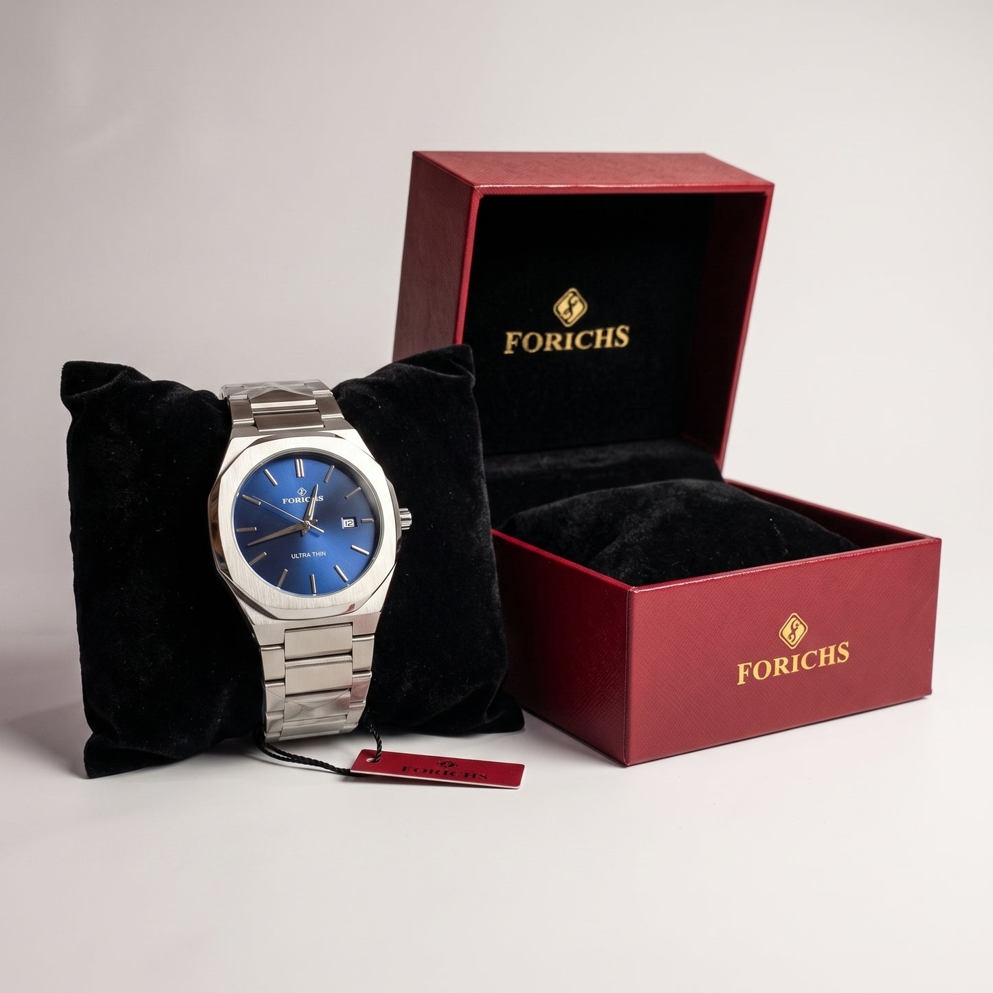 FORICHS Men's Ultra-Thin Quartz Watch – Sapphire Crystal, Steel & Blue Dial & Date