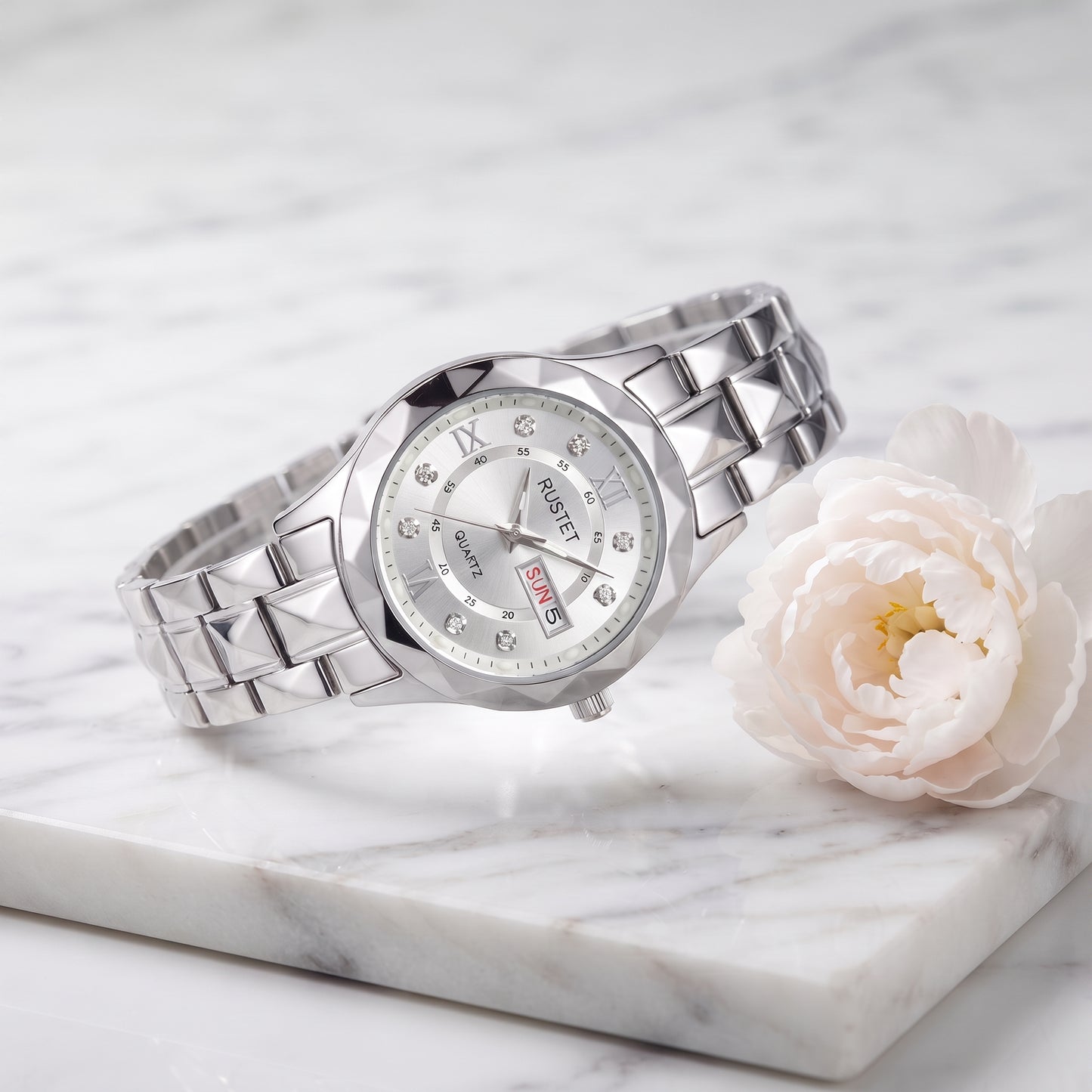 RUSTET Women's 3D Faceted Crystal Watch – Silver Steel, Waterproof & Day-Date